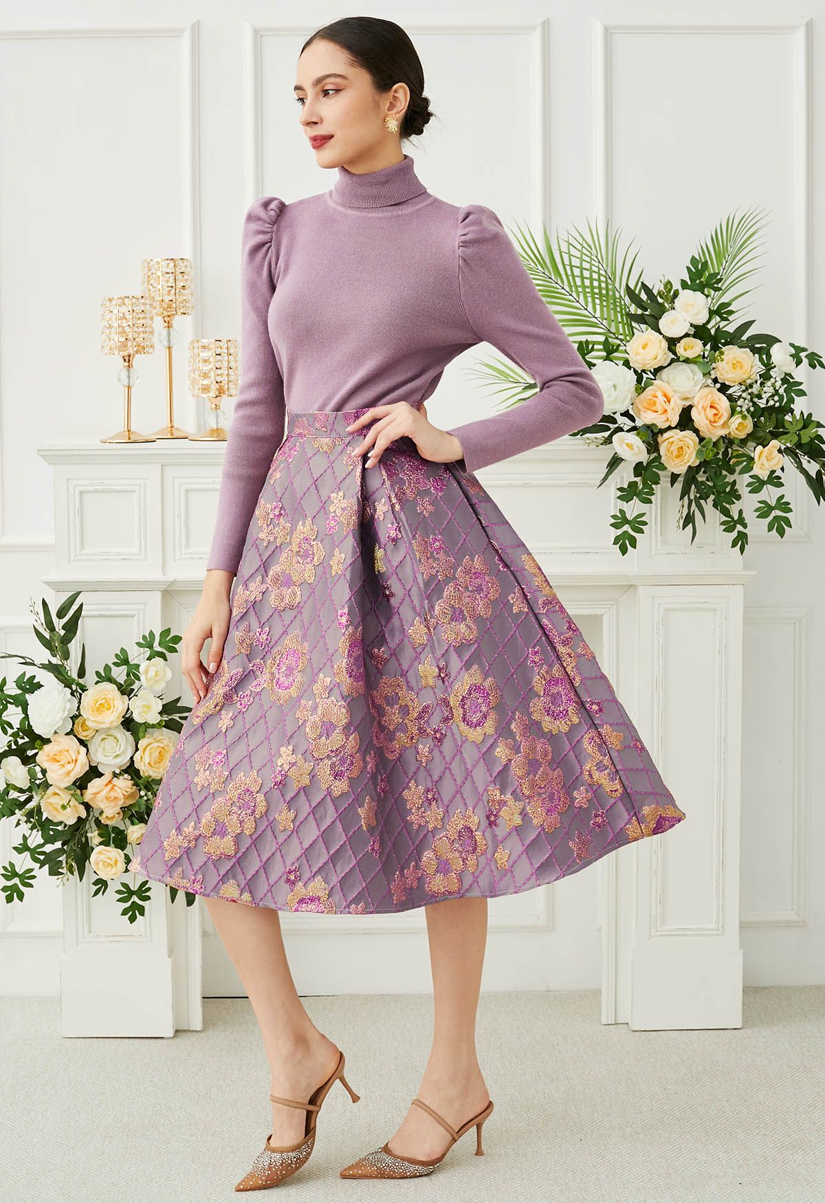 Falling Floral Grid Jacquard Midi Skirt in Lilac