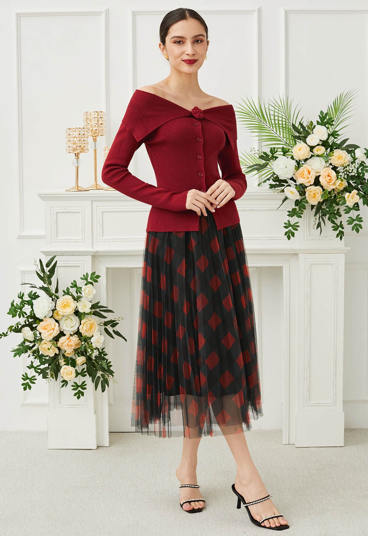 Bold Checks Double-Layered Mesh Midi Skirt in Red