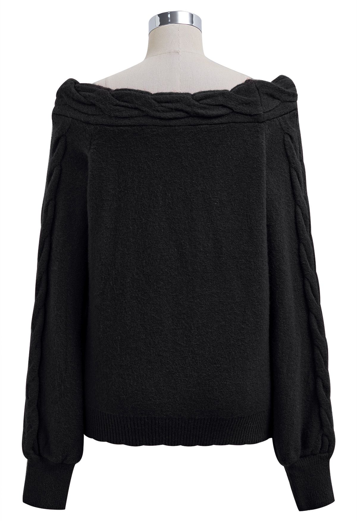 Bask in Winter Off-Shoulder Cable Knit Sweater in Black