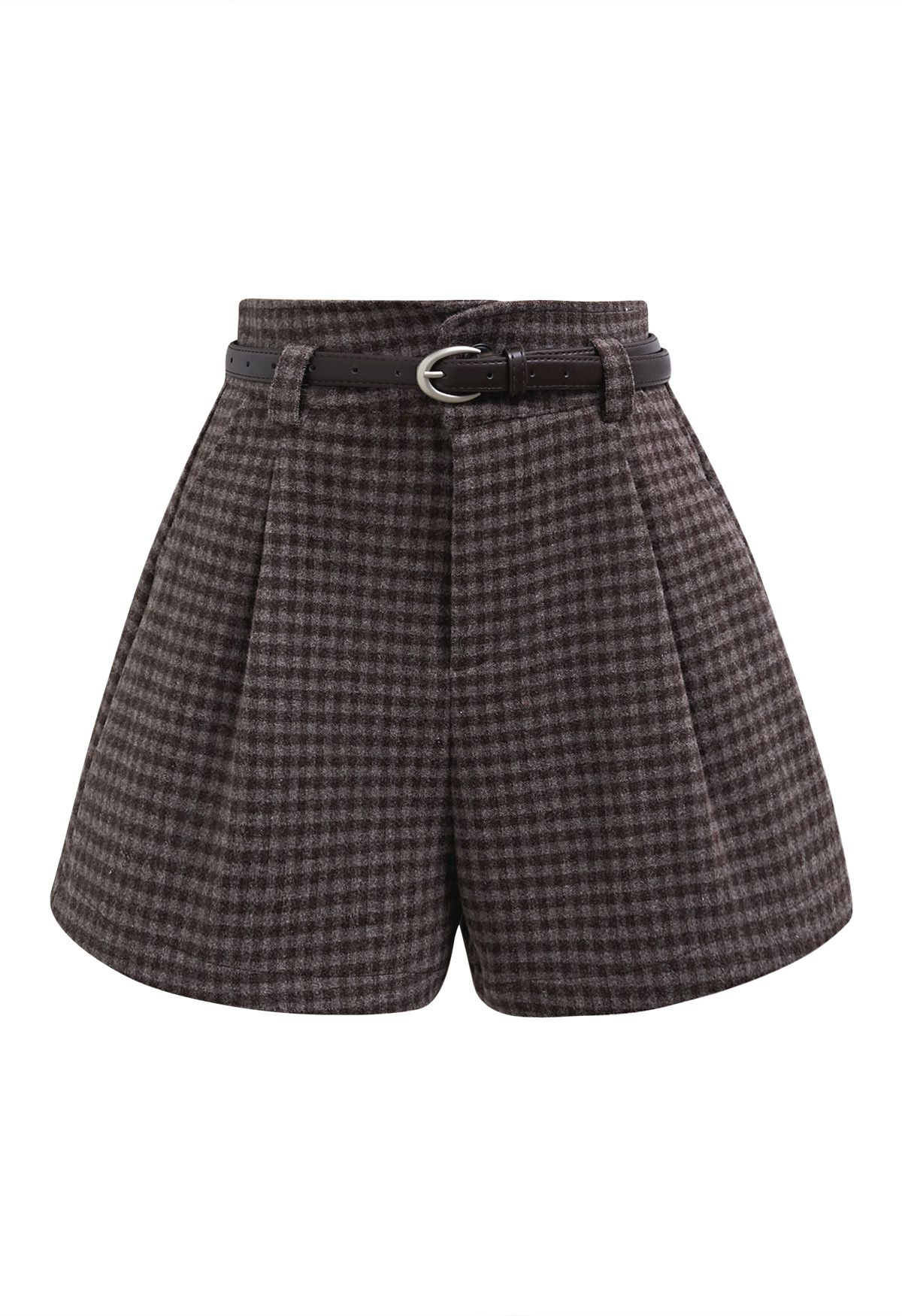 Lights on You Gingham Belted Shorts in Brown