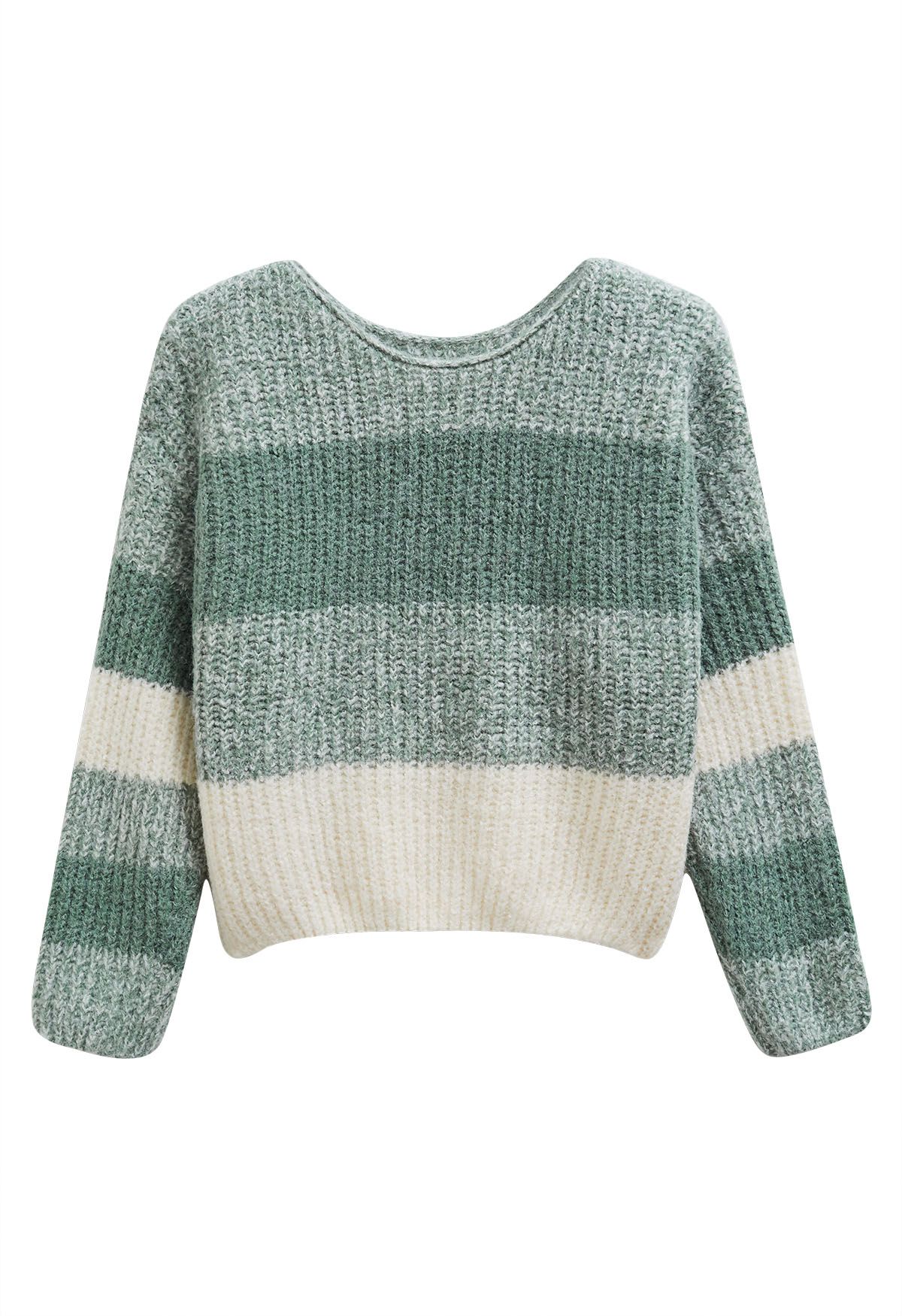 Fuzzy Contrast Stripe Ribbed Knit Sweater in Sage