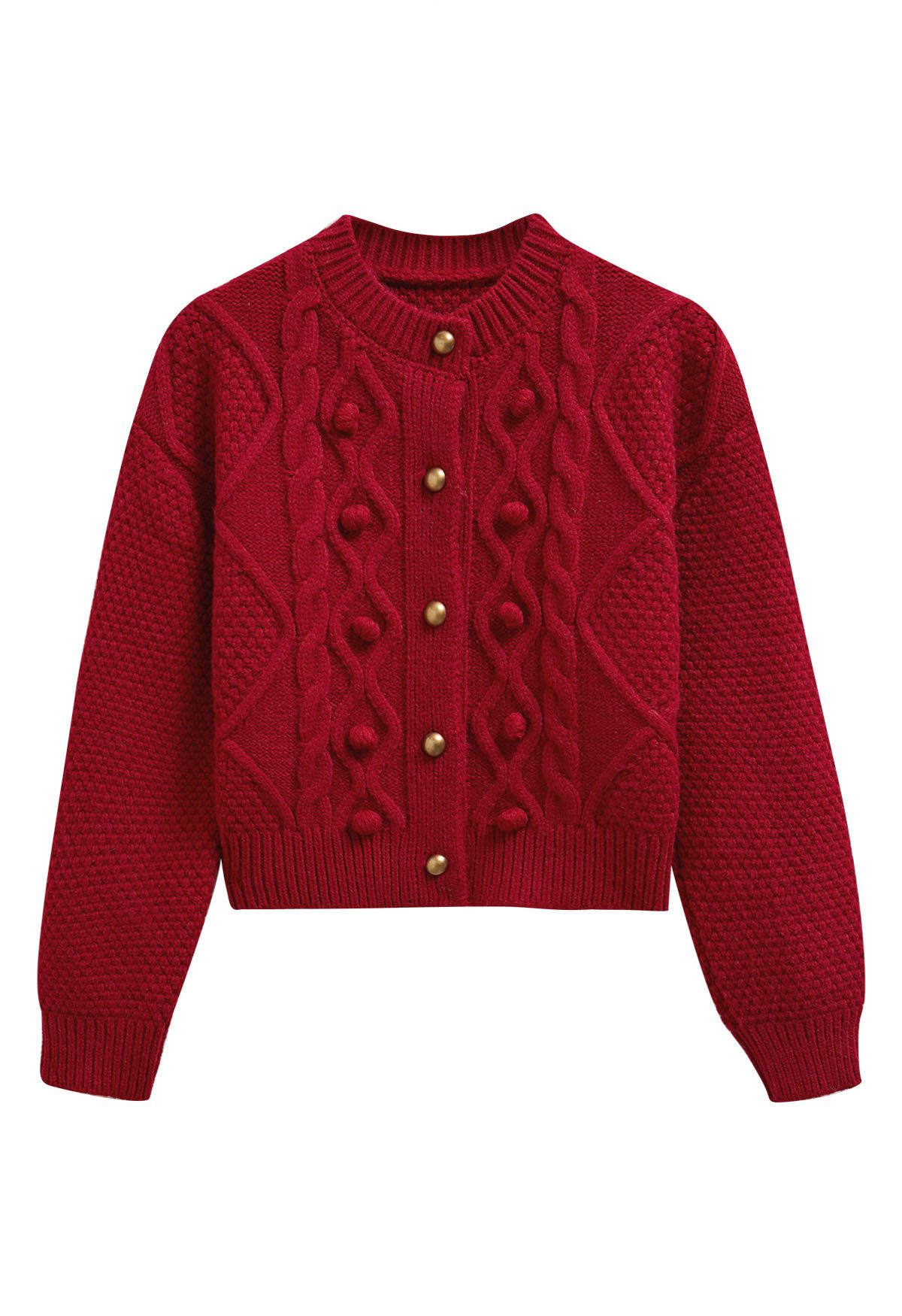 Euphoric Pom-Pom Waffle Knit Crop Cardigan in Red