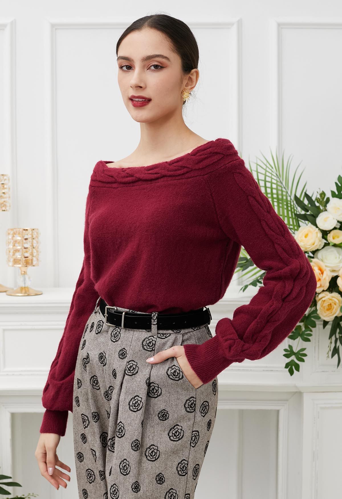 Bask in Winter Off-Shoulder Cable Knit Sweater in Red