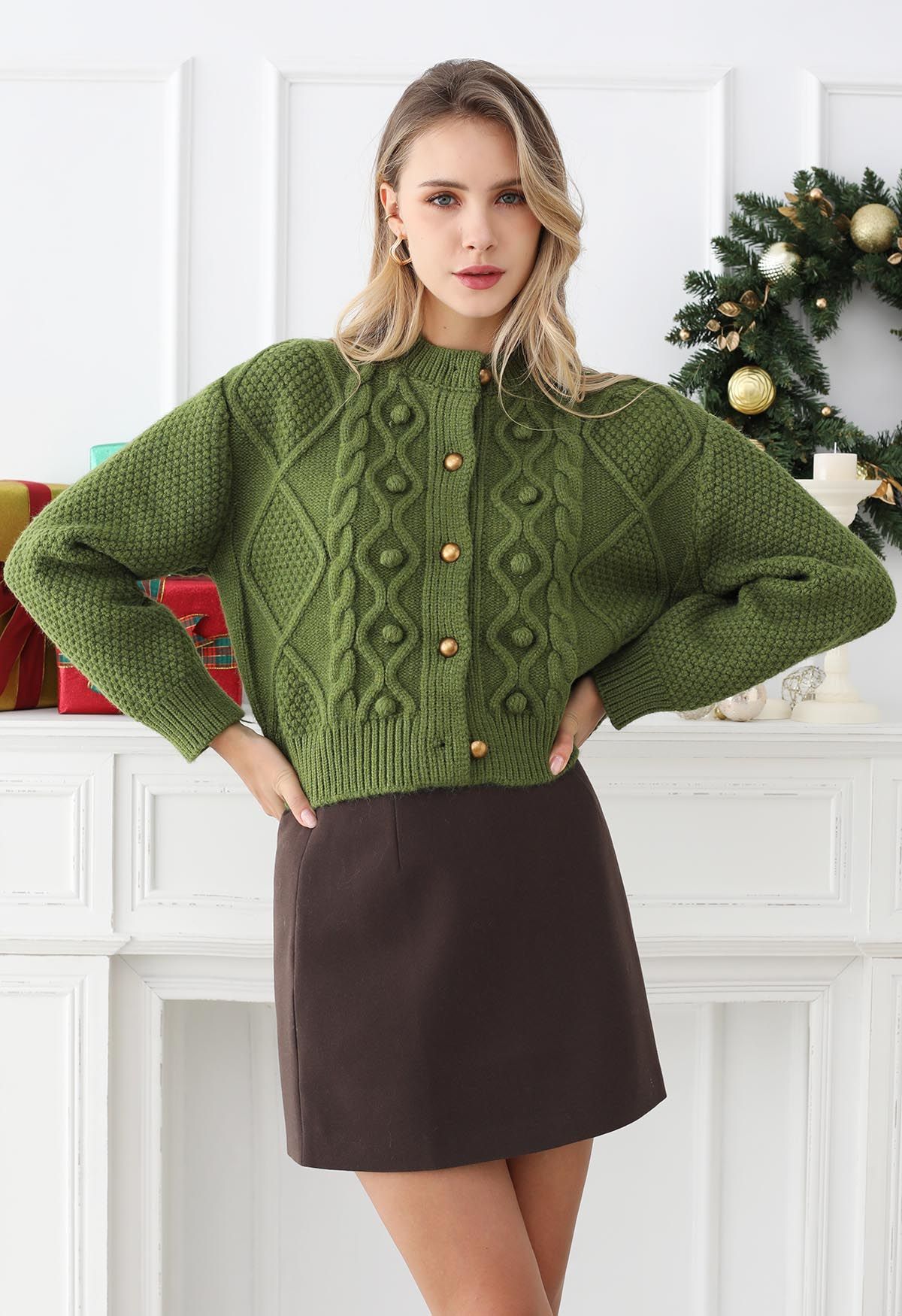 Euphoric Pom-Pom Waffle Knit Crop Cardigan in Green