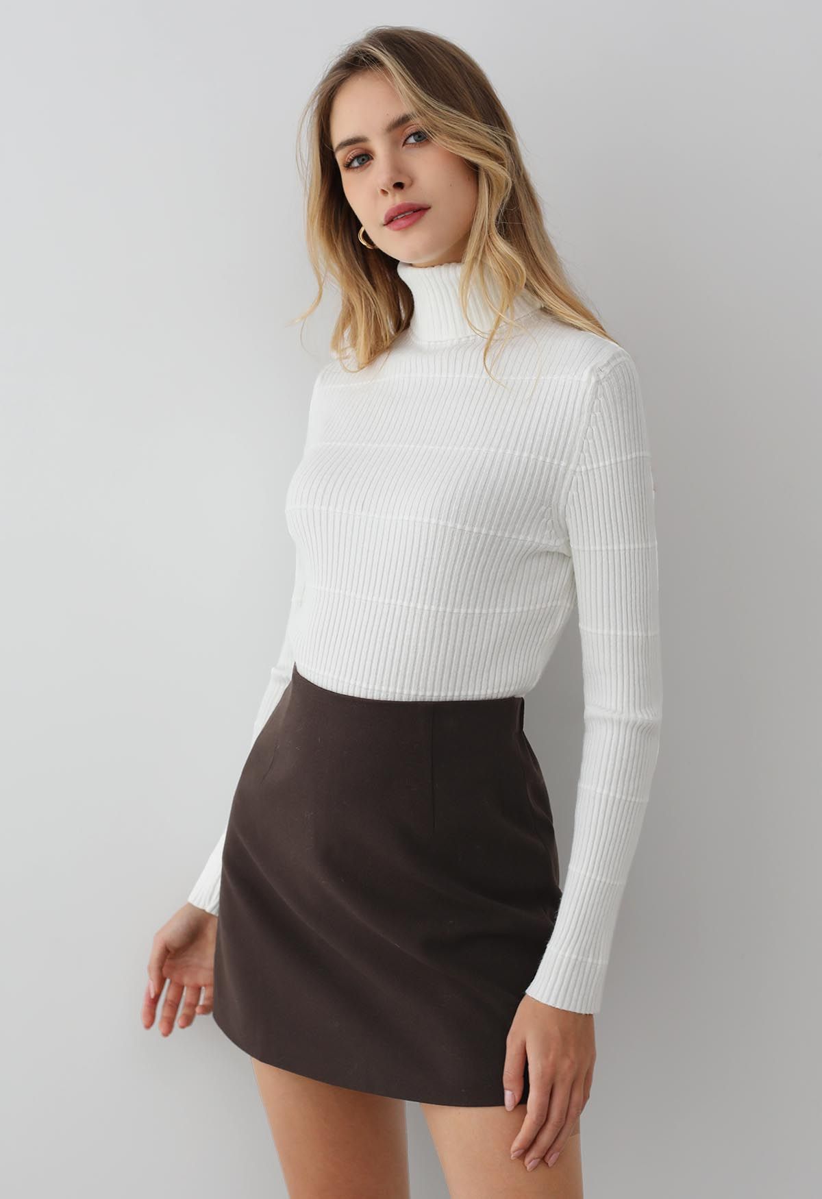 Softness Turtleneck Ribbed Texture Knit Top in White