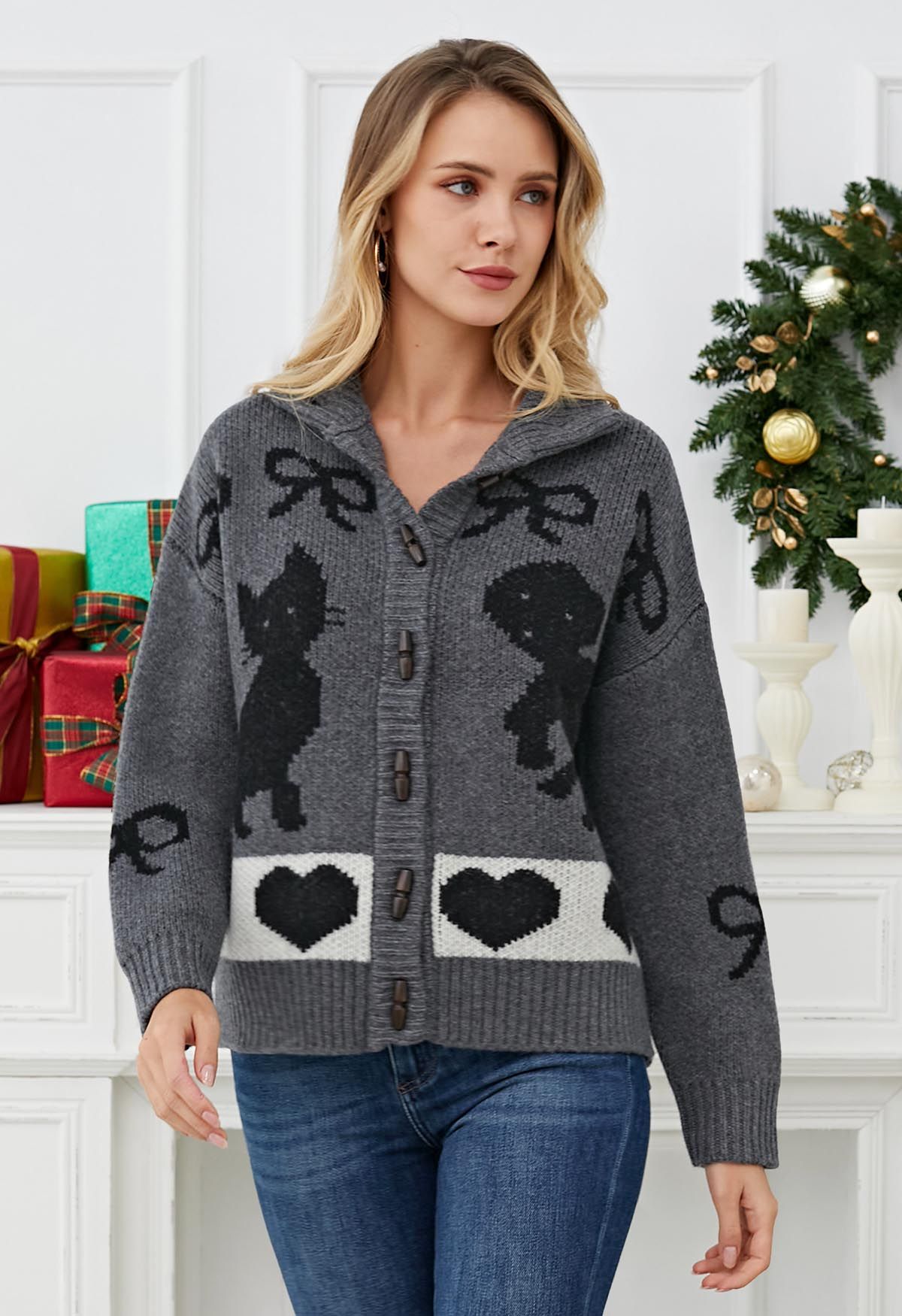 Bubbly Animal Button Down Ribbed Wool Cardigan in Smoke