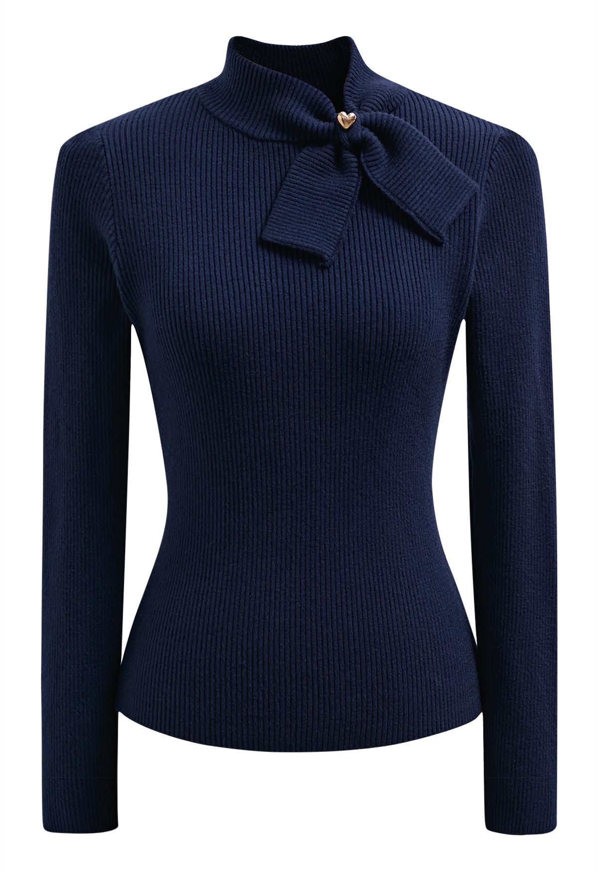 Heart Button Bowknot Ribbed Knit Top in Navy