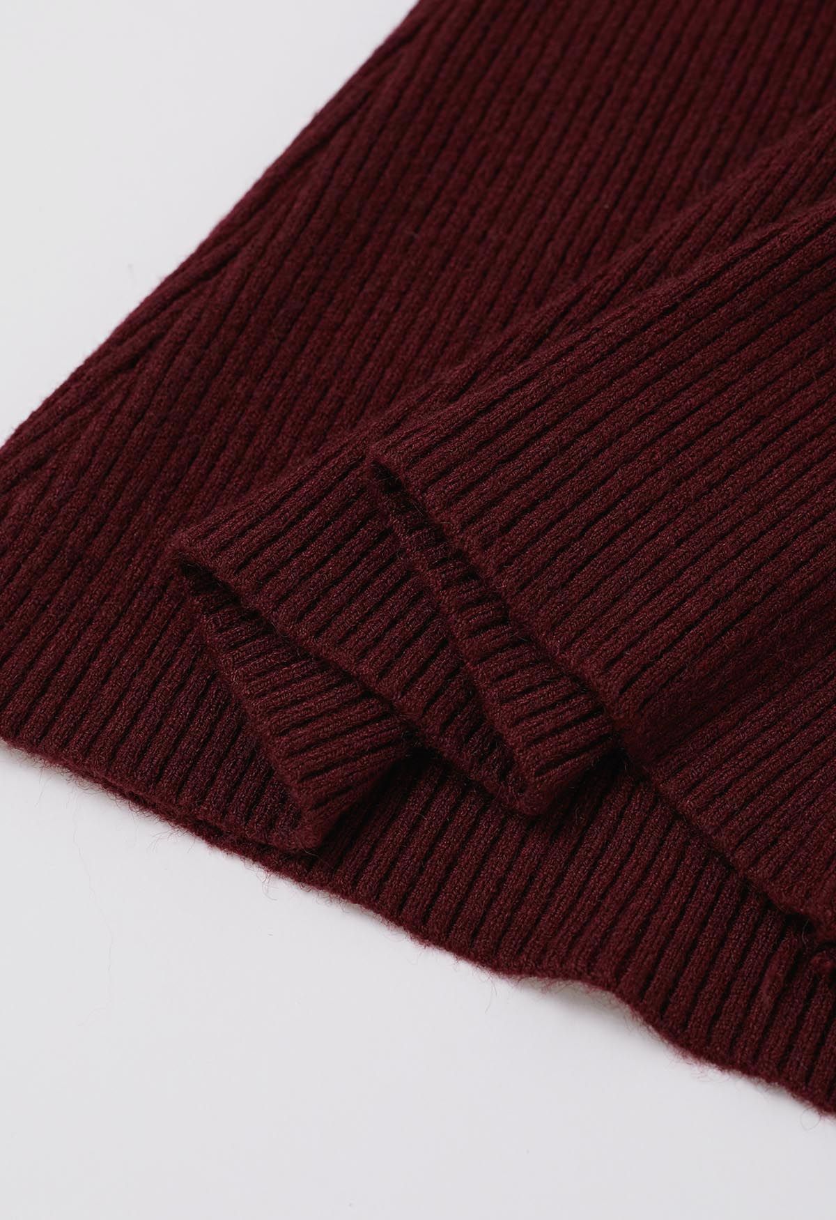 Heart Button Bowknot Ribbed Knit Top in Burgundy