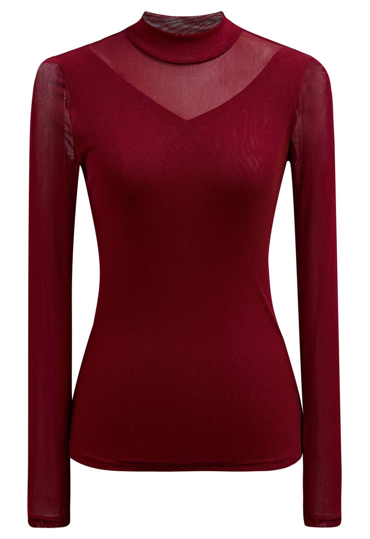 Double-Layered Mesh Spliced Fitted Top in Red