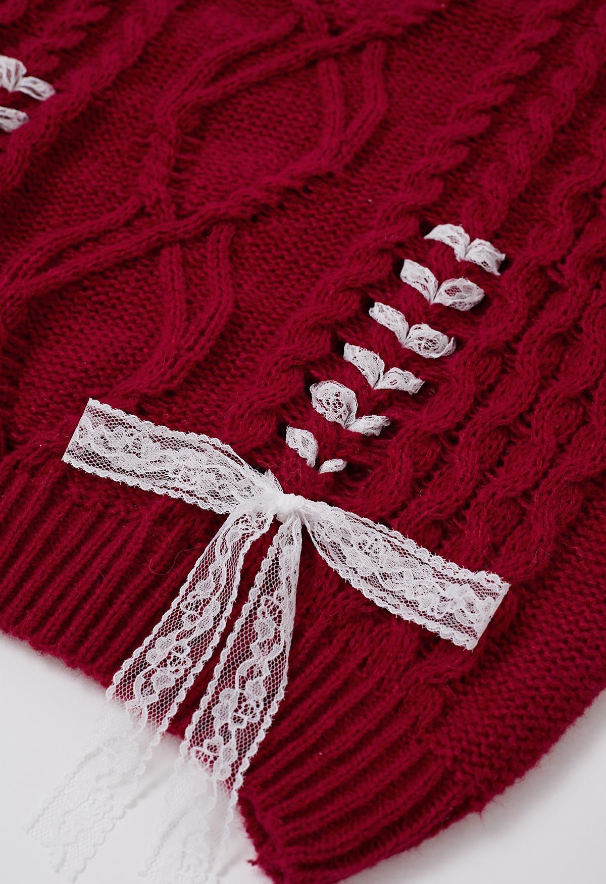 Lace Ribbon Lace-Up Cable Knit Sweater