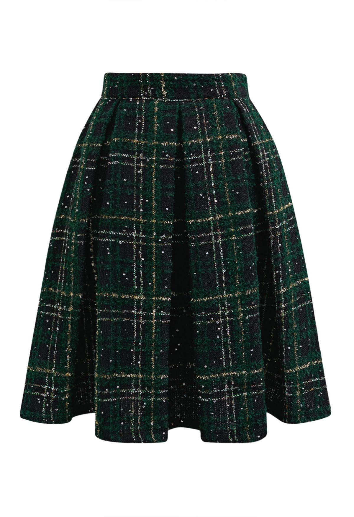 Shining Plaid High Waist Pleated Tweed Skirt in Dark Green