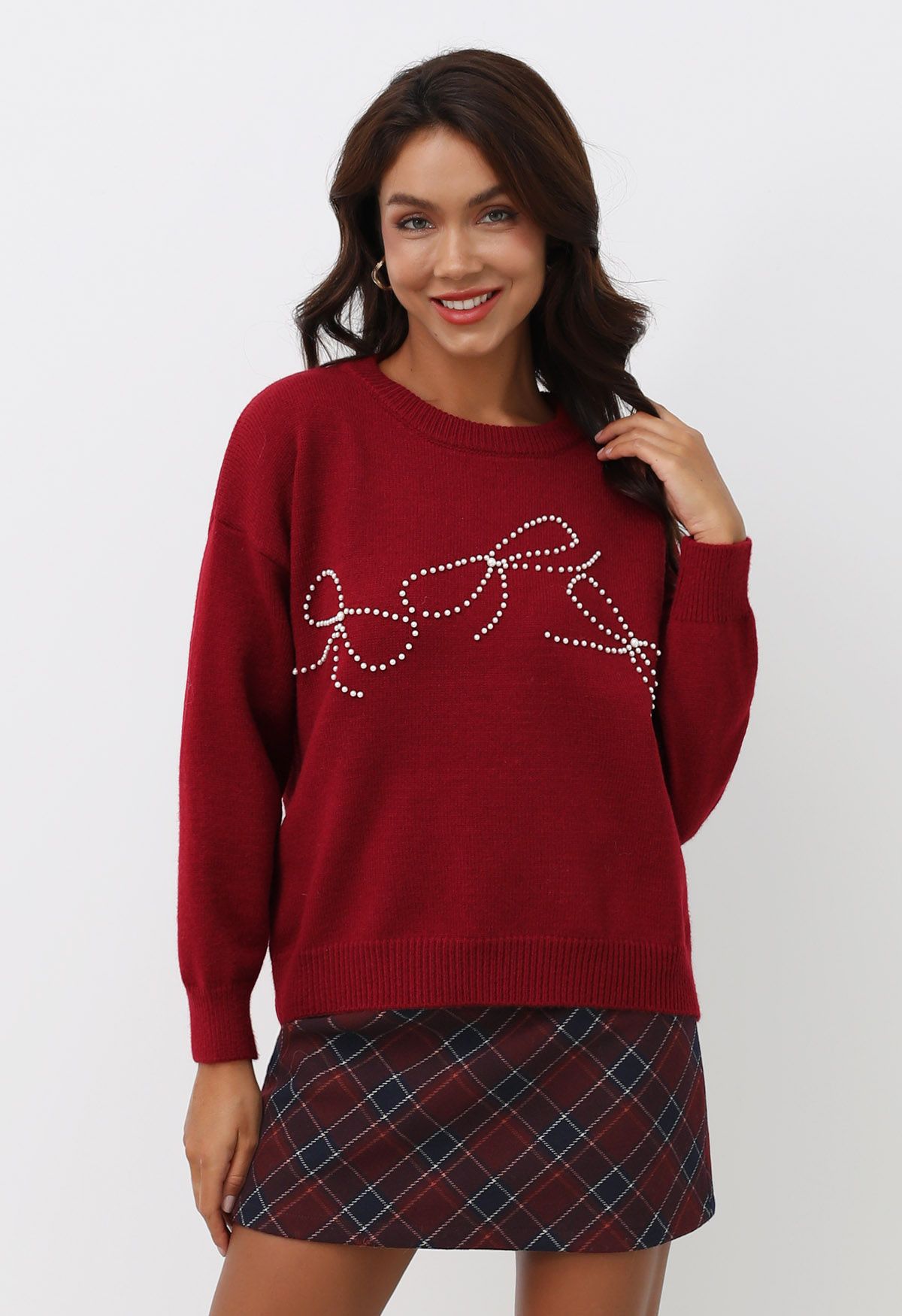 Adorable Bowknot Pearl Trim Knit Sweater