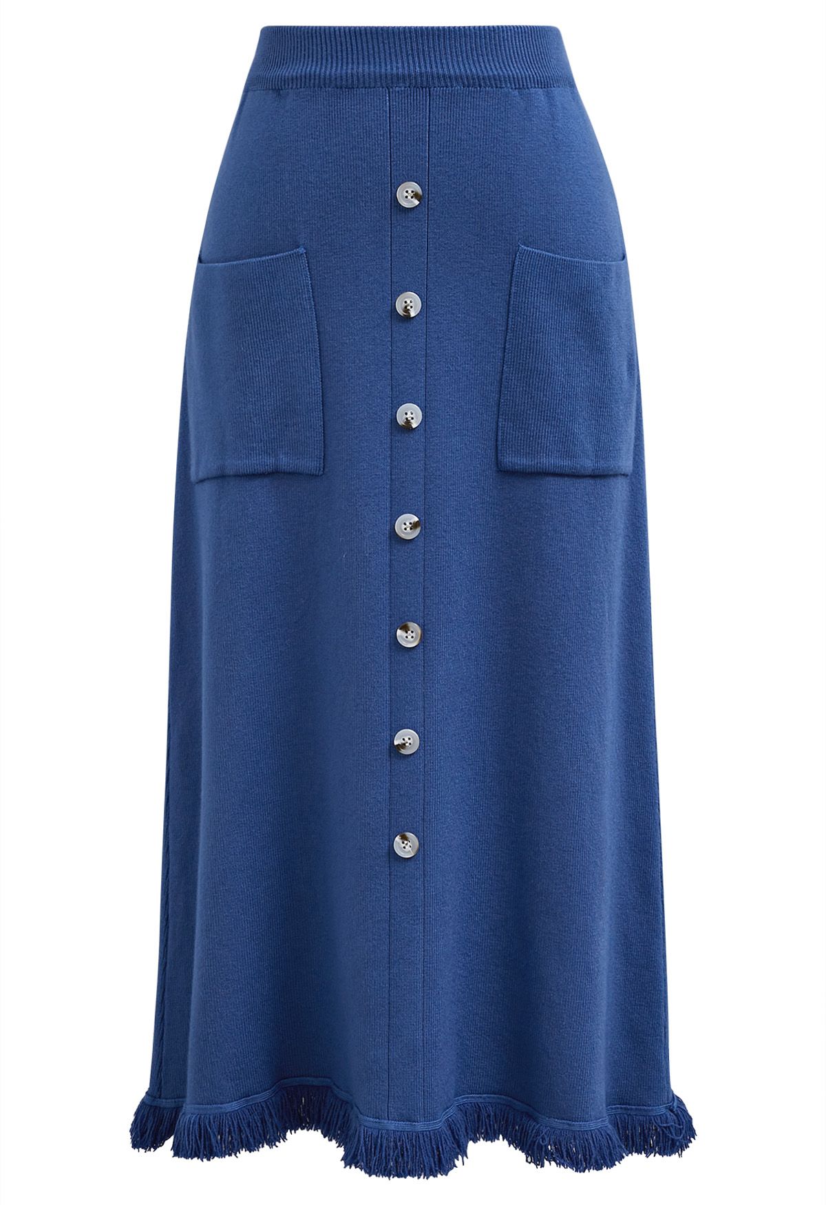 Button Trim Fringe Hem Knit Midi Skirt in Indigo