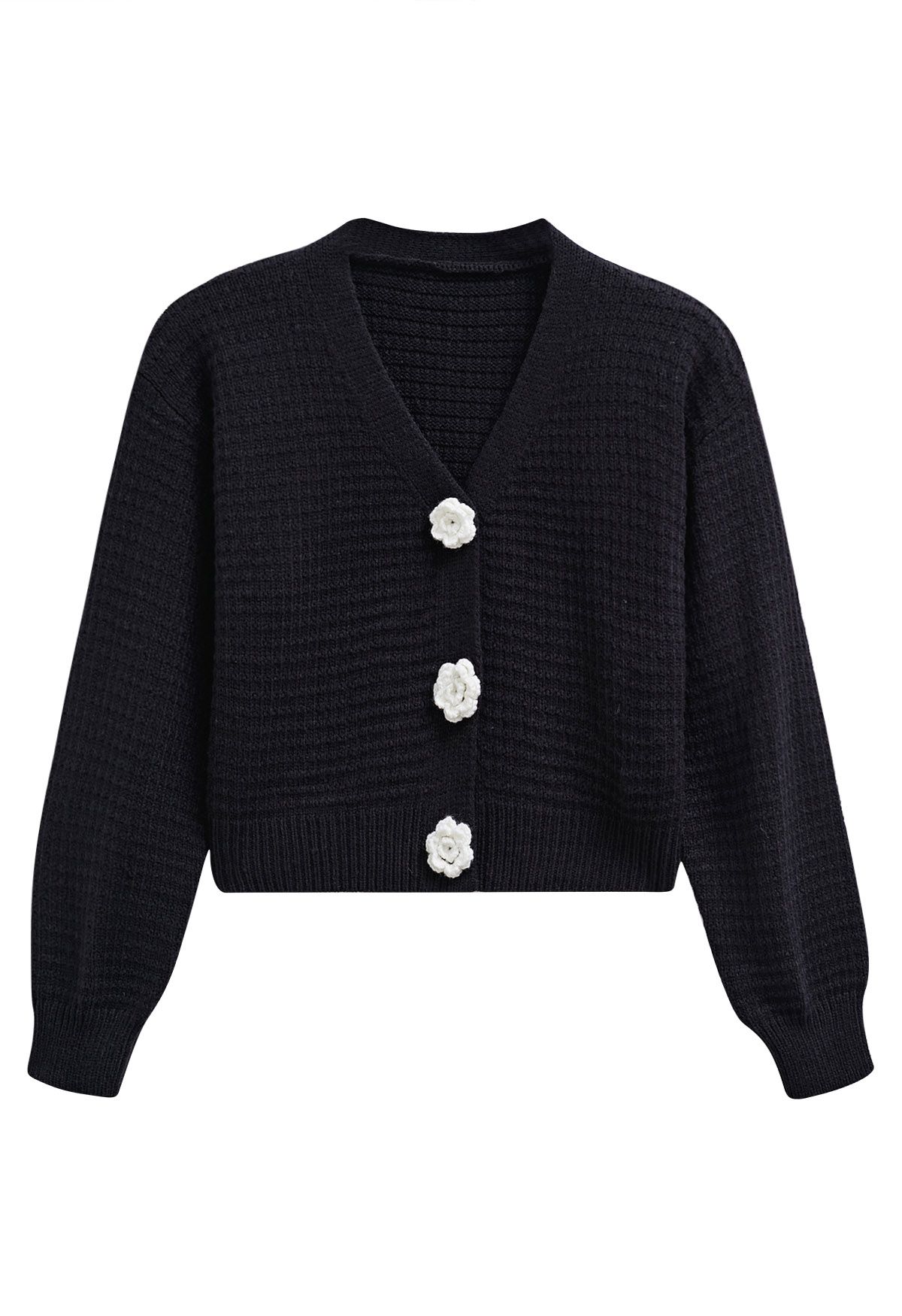 Stitch Rose Buttoned Crop Knit Cardigan in Black