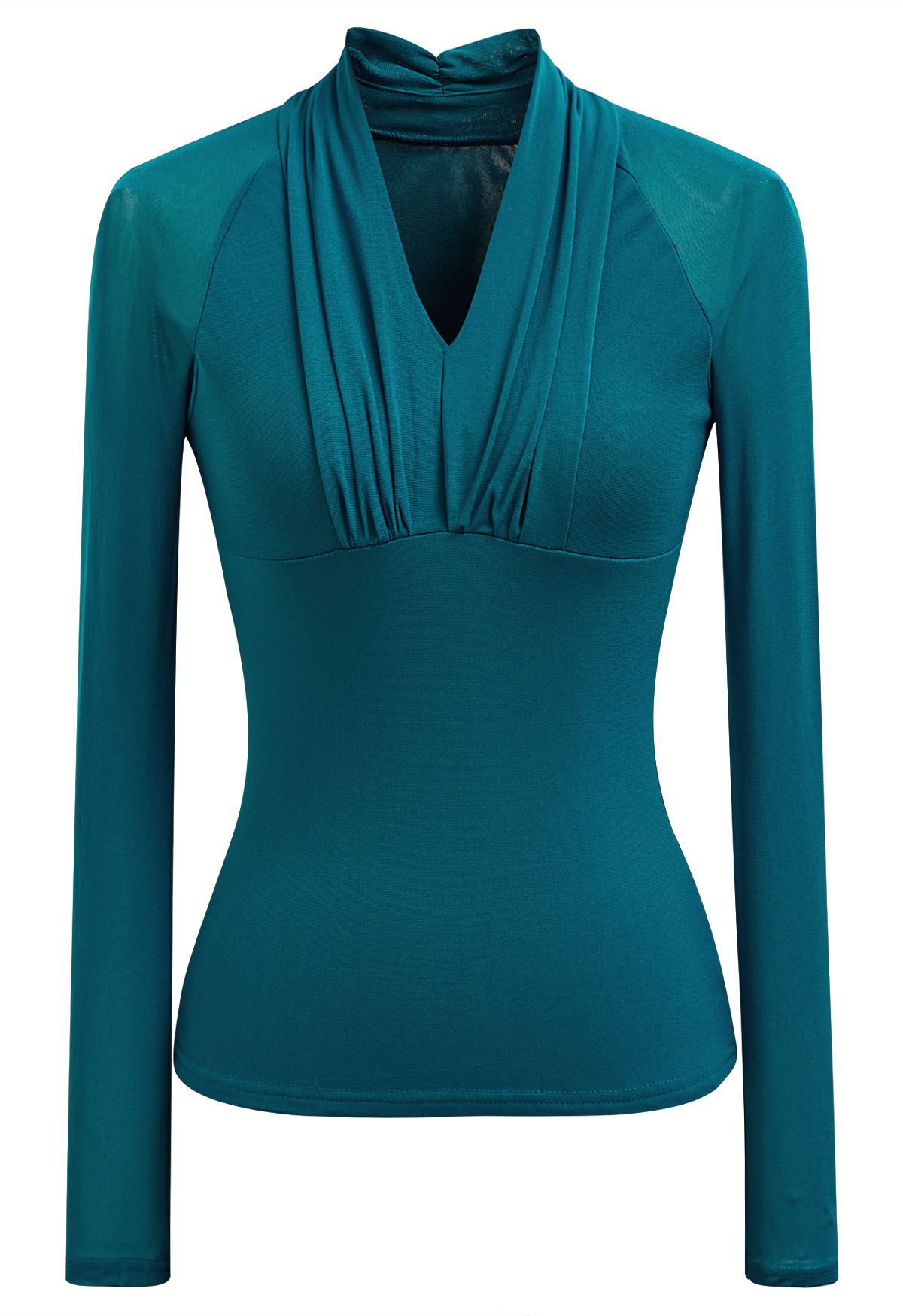 Ruched V-Neck Double-Layered Mesh Top in Teal