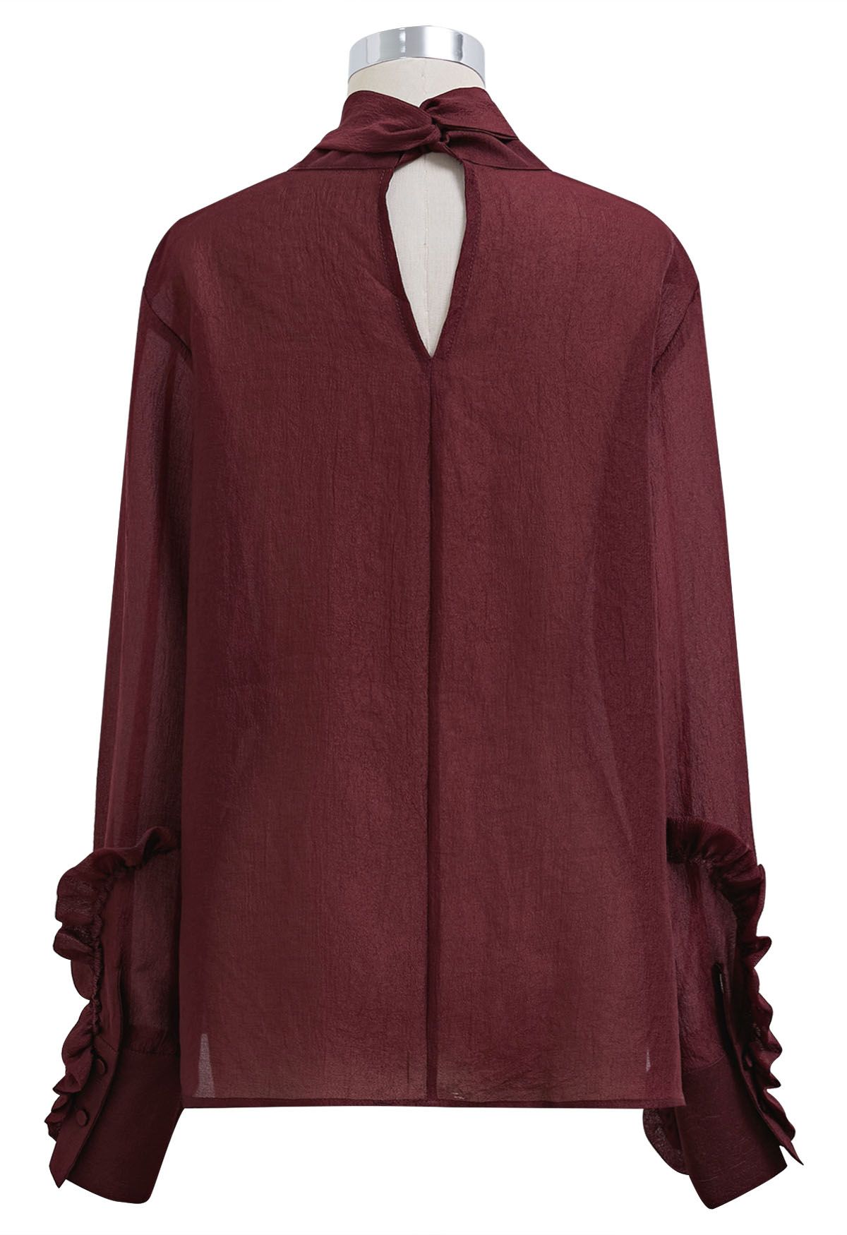 Bowknot Neckline Rose Cuff Sheer Top in Burgundy