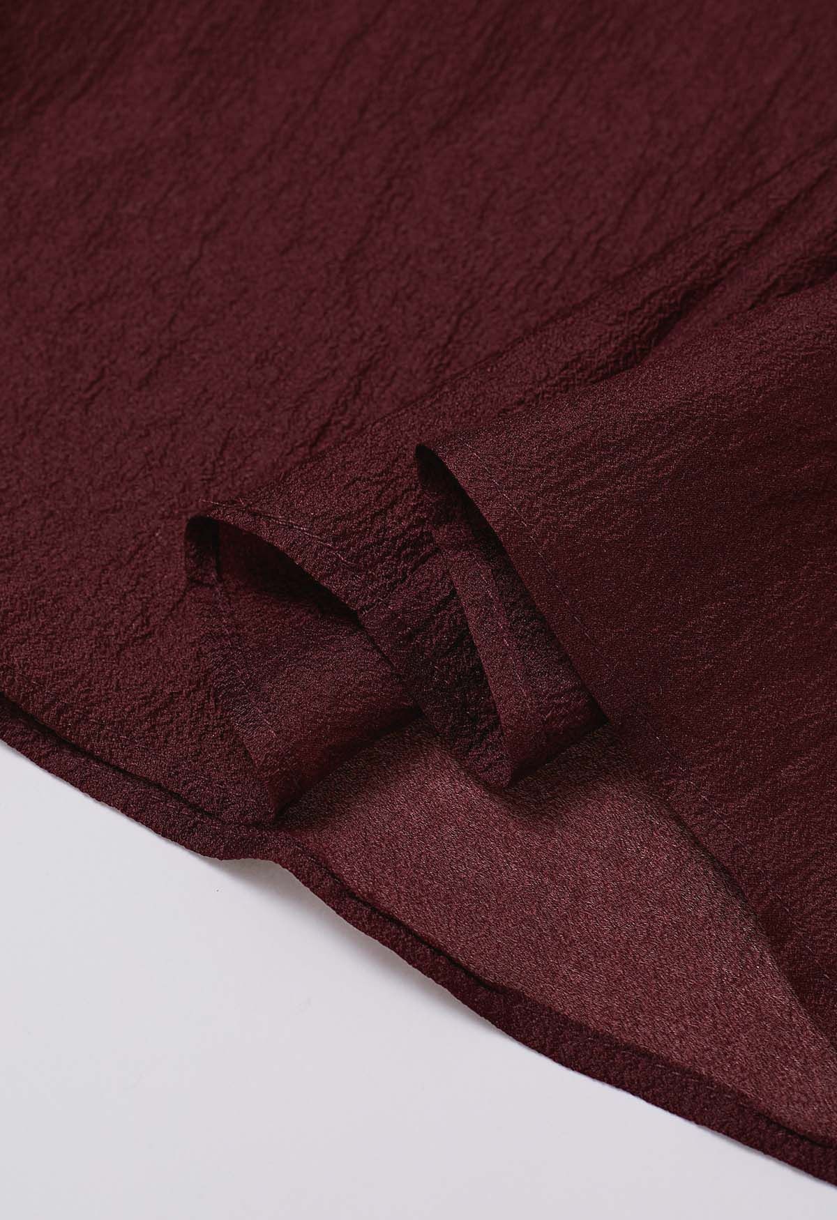 Bowknot Neckline Rose Cuff Sheer Top in Burgundy