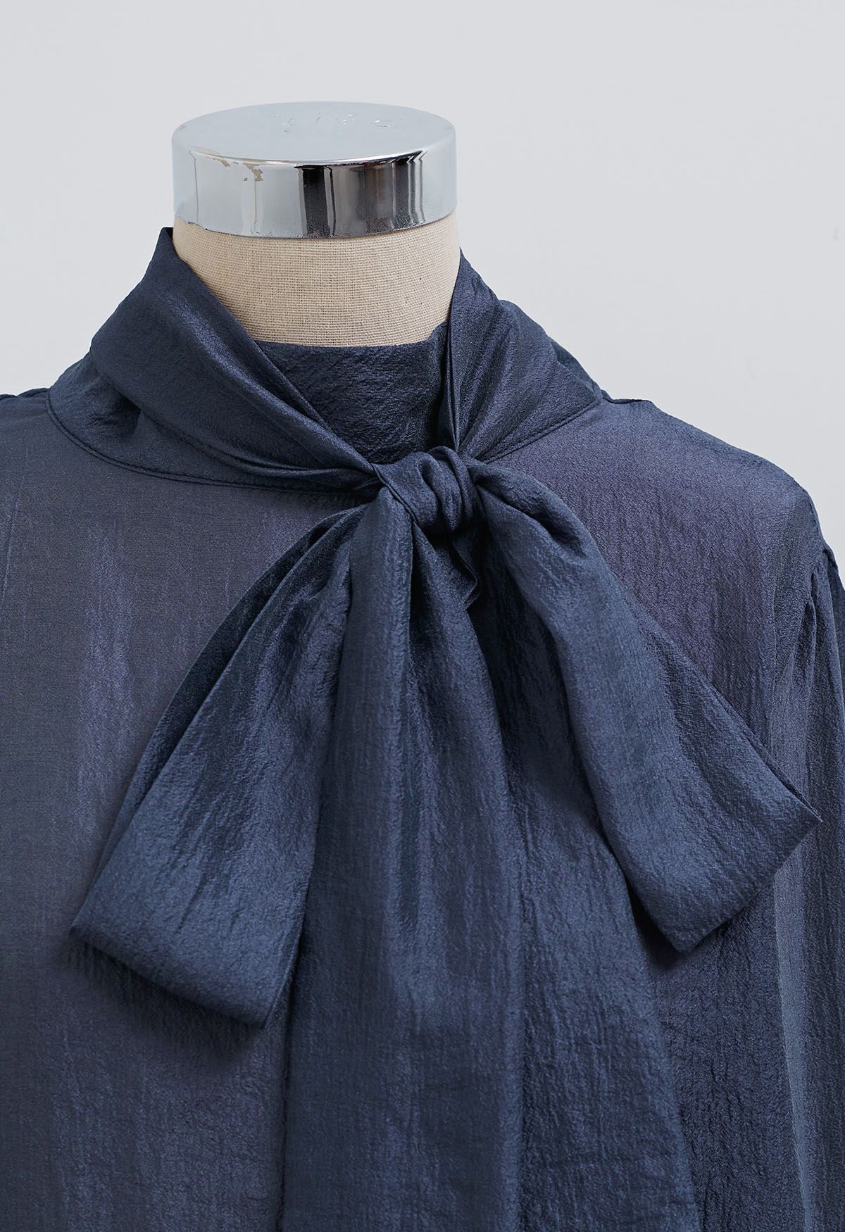 Bowknot Neckline Rose Cuff Sheer Top in Navy