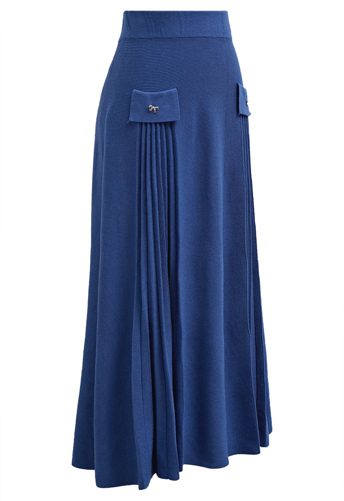 Little Bow Decorated Pleats Knit Maxi Skirt in Indigo