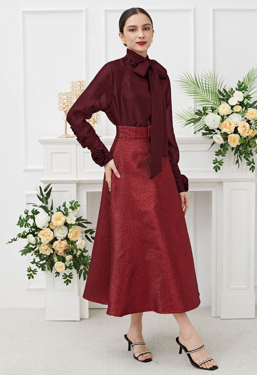 Bowknot Neckline Rose Cuff Sheer Top in Burgundy