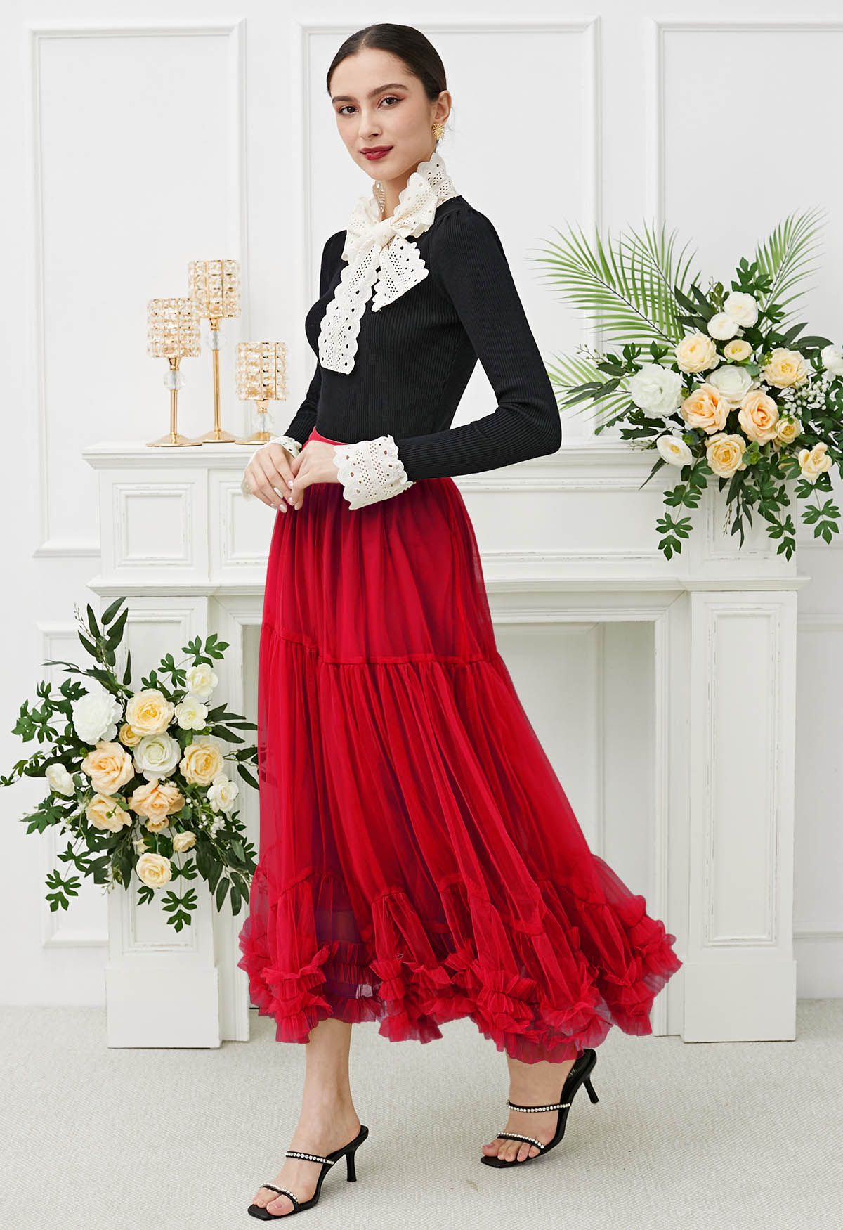 Ruffle Hem Double-Layered Mesh Maxi Skirt in Red