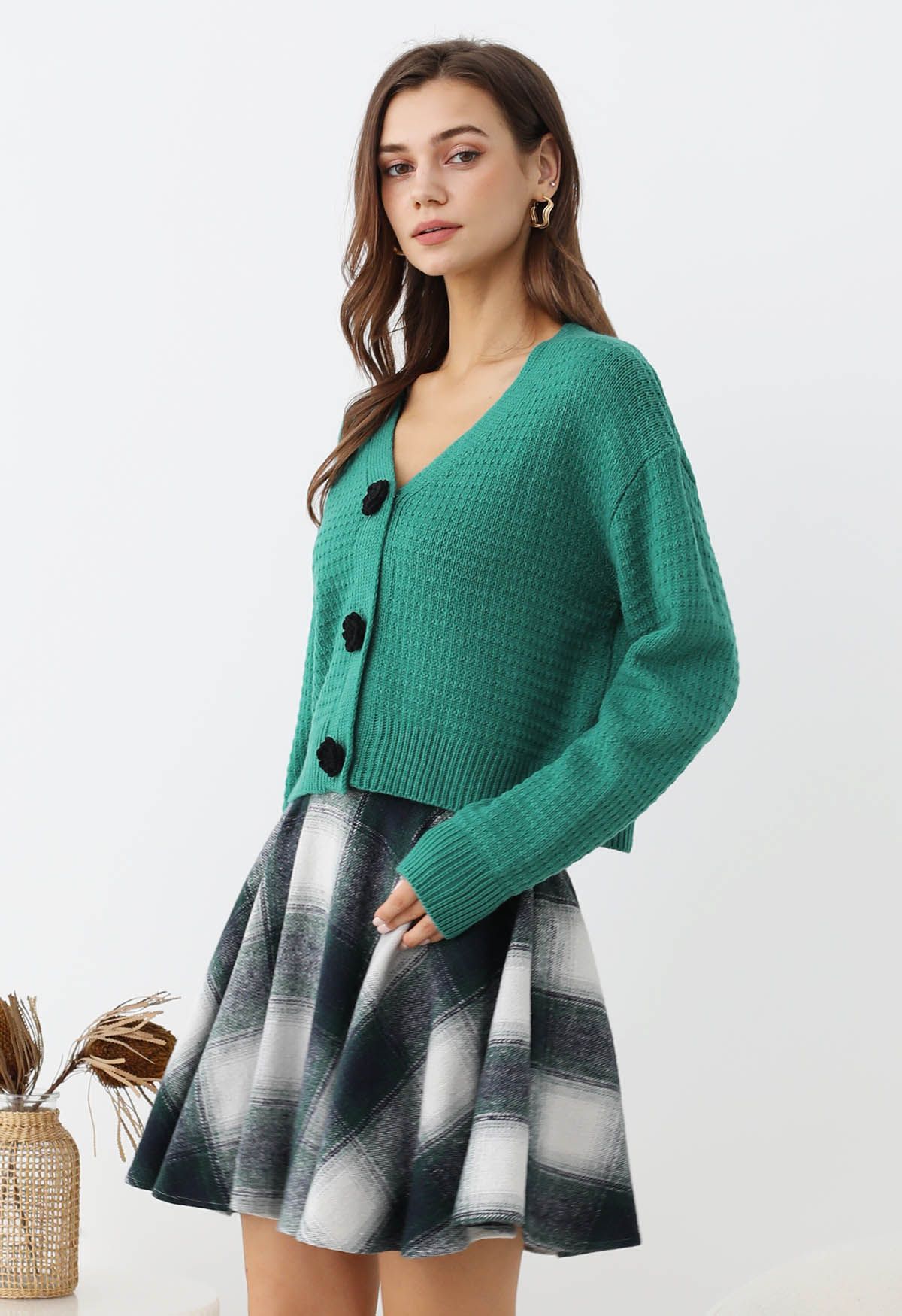 Stitch Rose Buttoned Crop Knit Cardigan in Teal