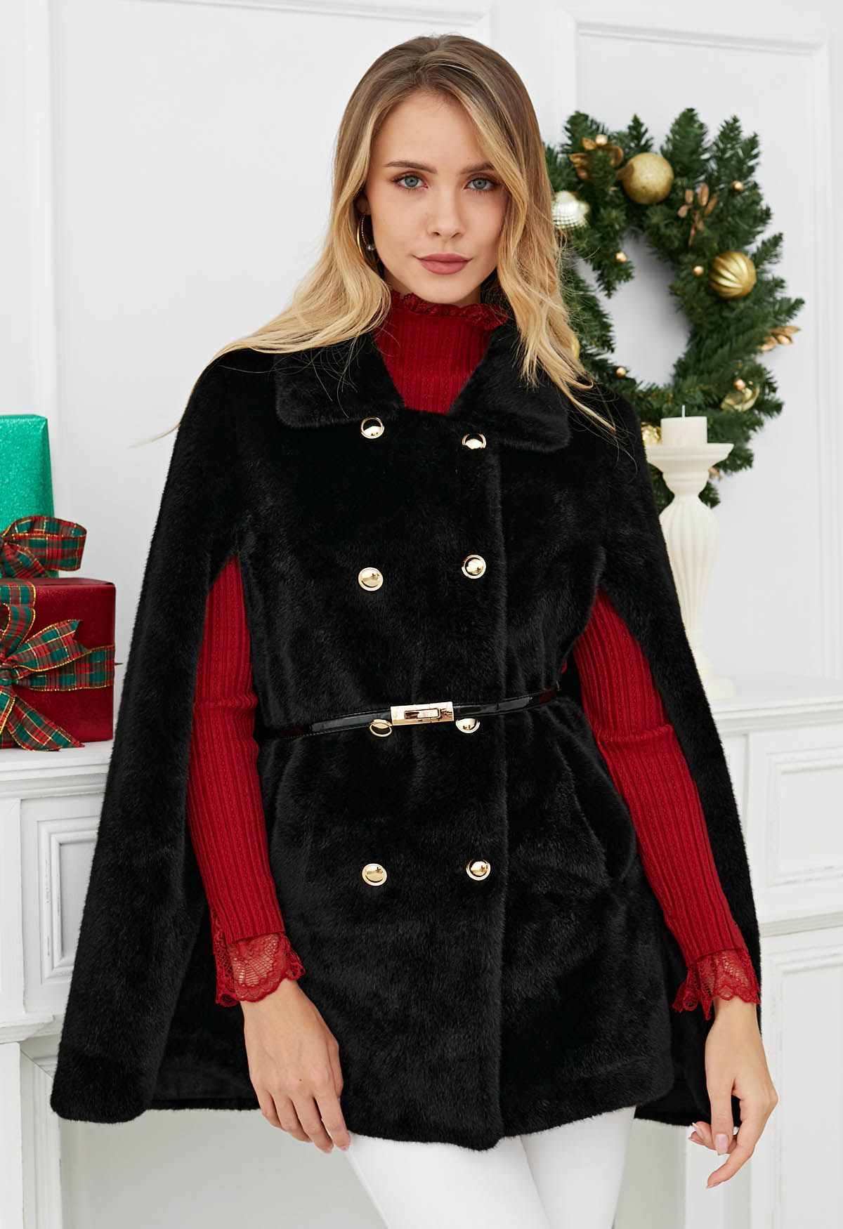 Collared Double-Breasted Faux Fur Cape Coat in Black