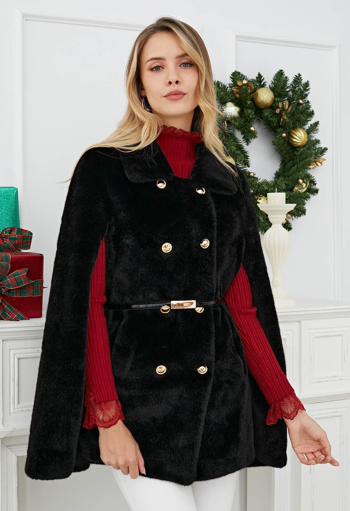 Collared Double-Breasted Faux Fur Cape Coat in Black