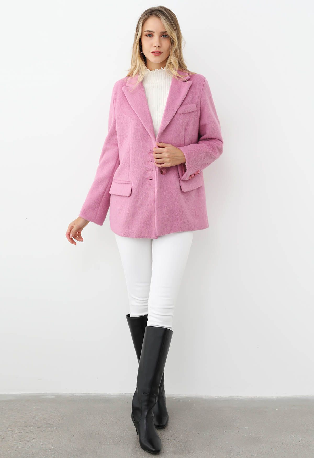 Peak Lapel Buttoned Faux Fur Blazer Coat in Candy Pink