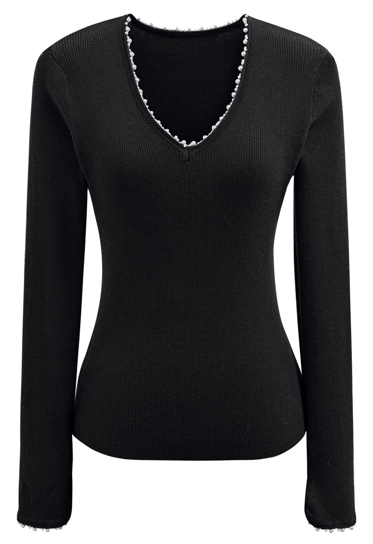 Pearl Decorated Ribbed Knit Top in Black