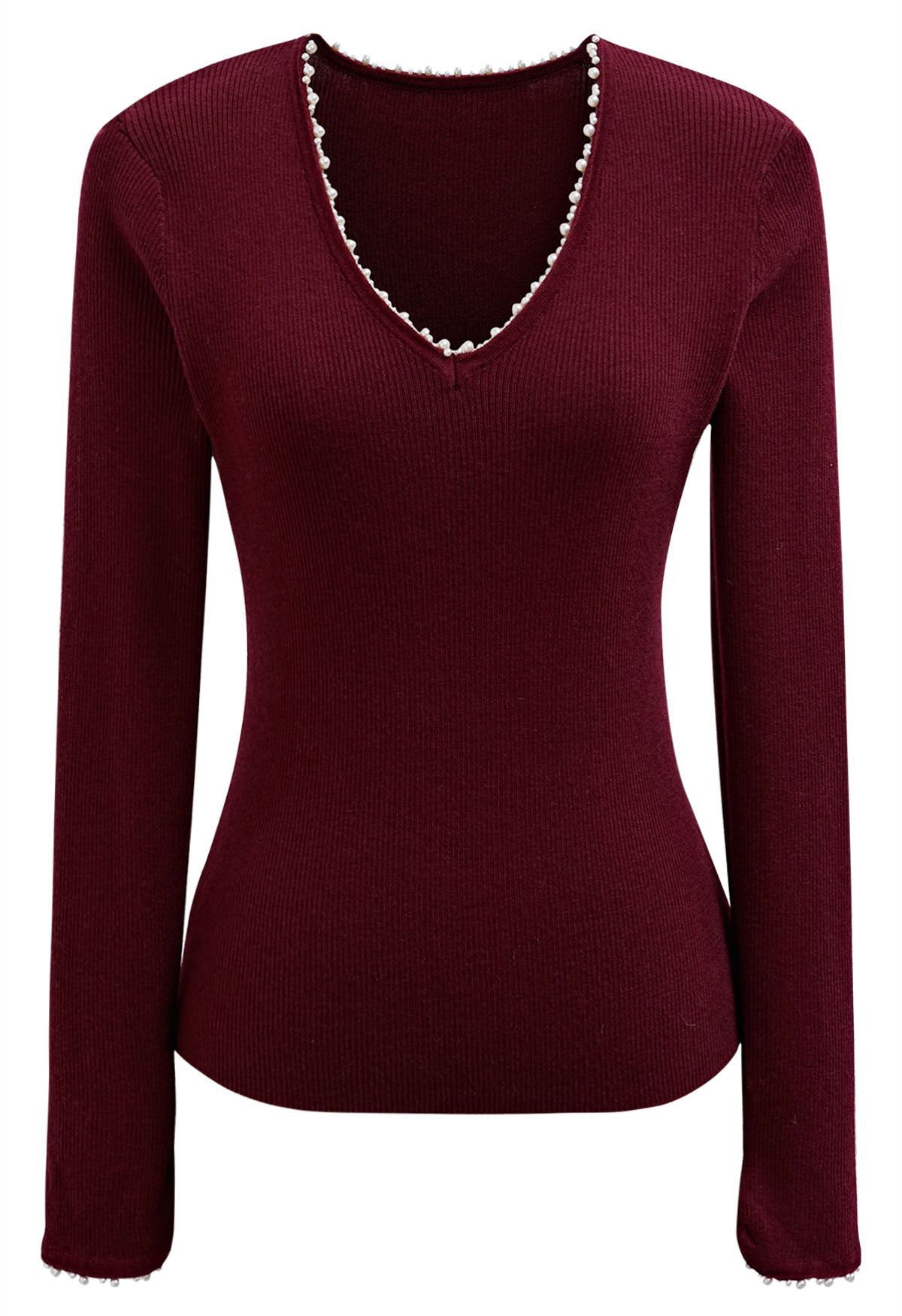 Pearl Decorated Ribbed Knit Top in Burgundy