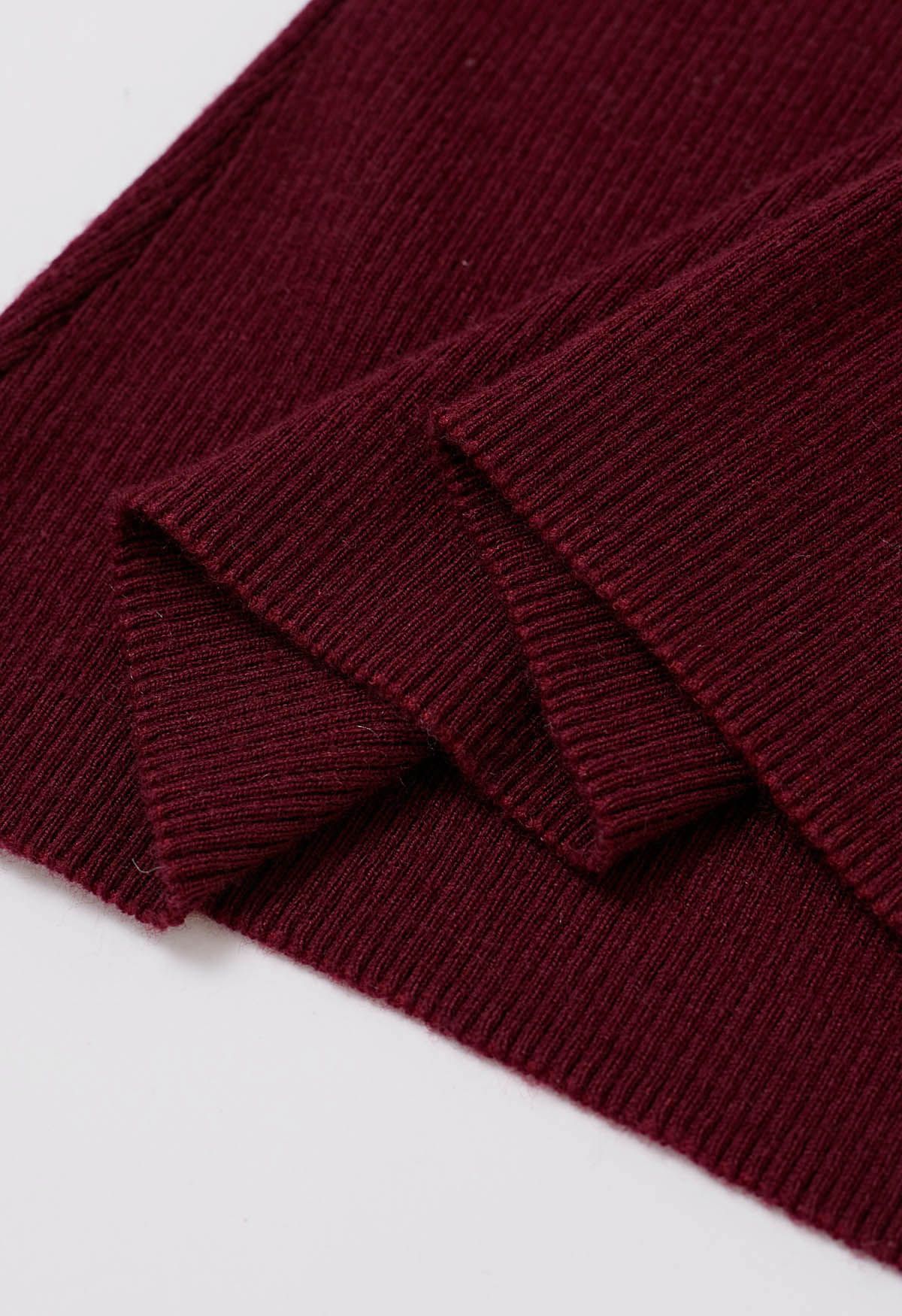 Pearl Decorated Ribbed Knit Top in Burgundy