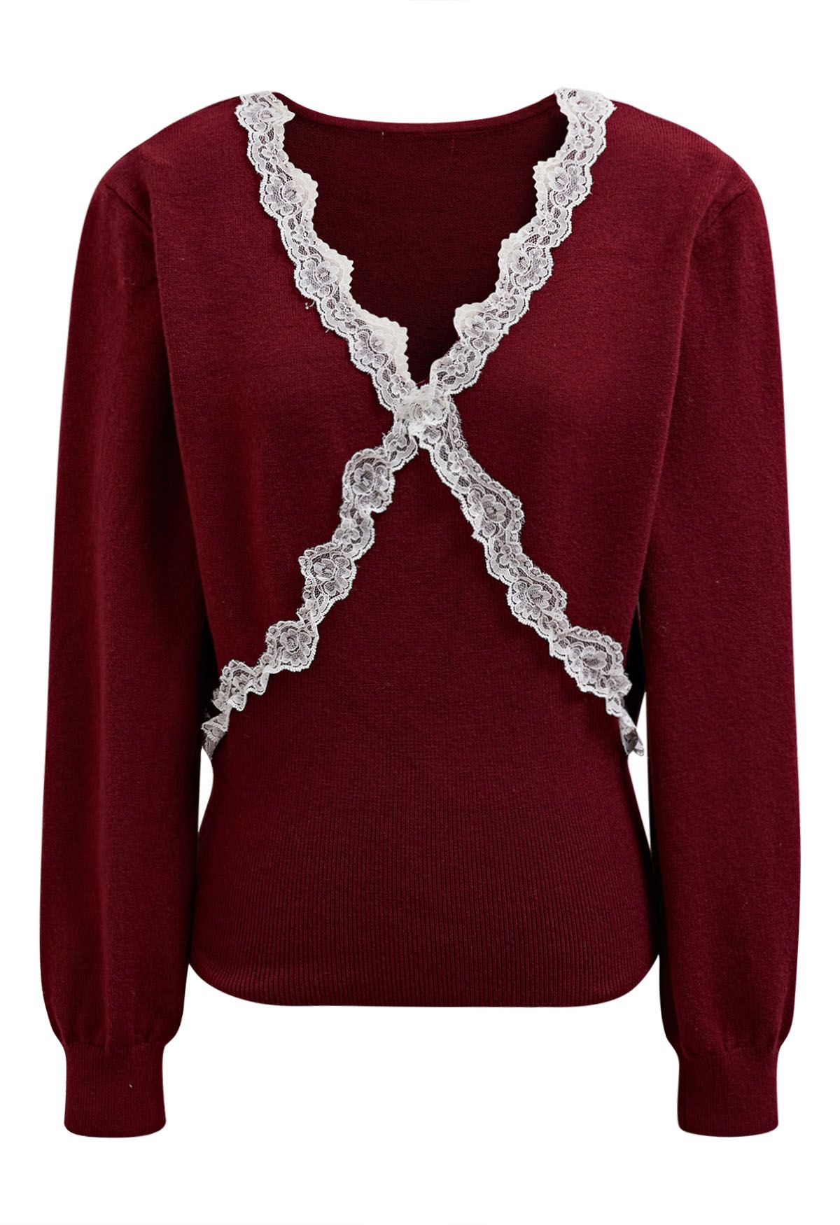 Lace Trim V-Neck Knit Top in Red