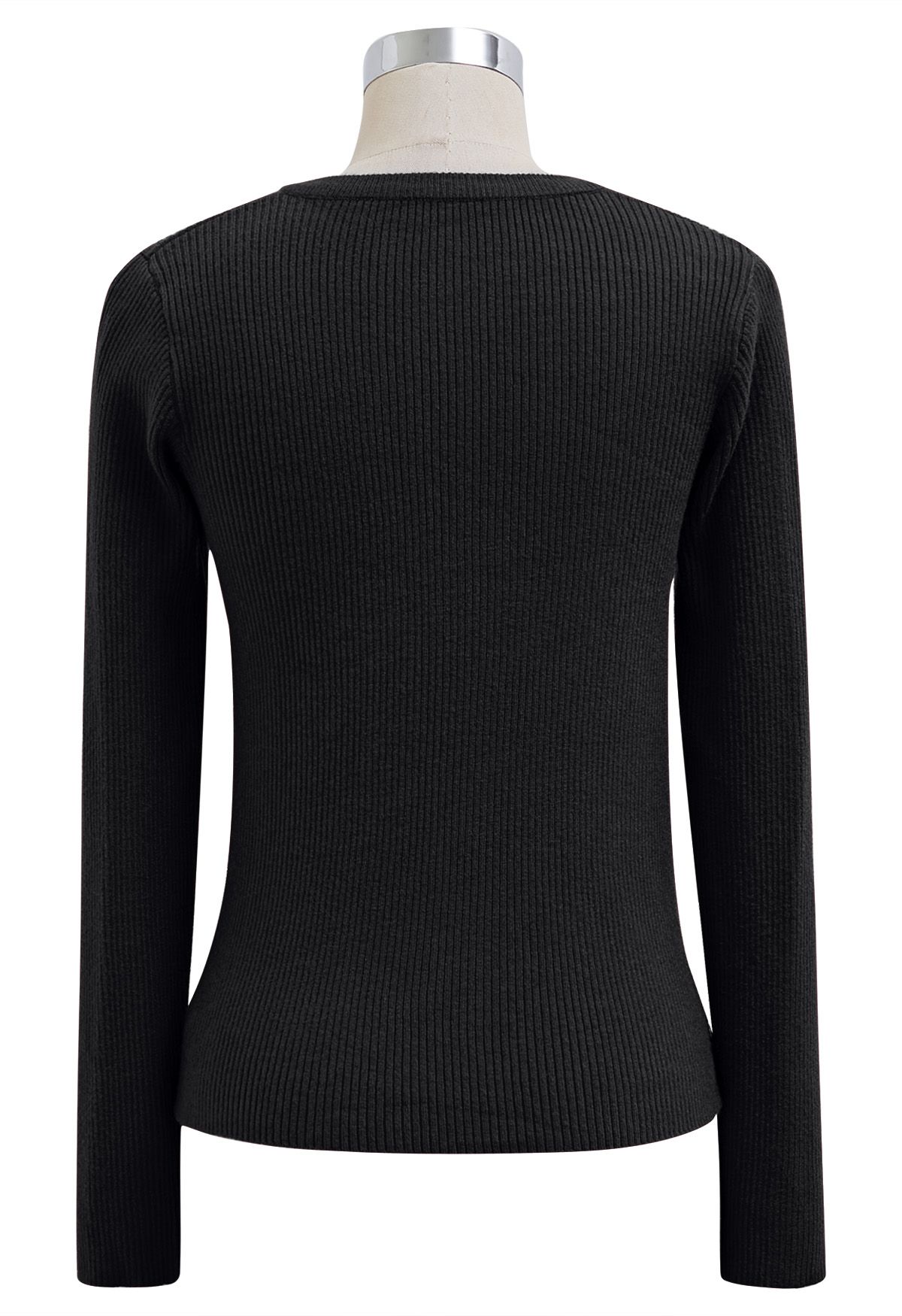 Chic Sense Button-Up Ribbed Knit Cardigan in Black