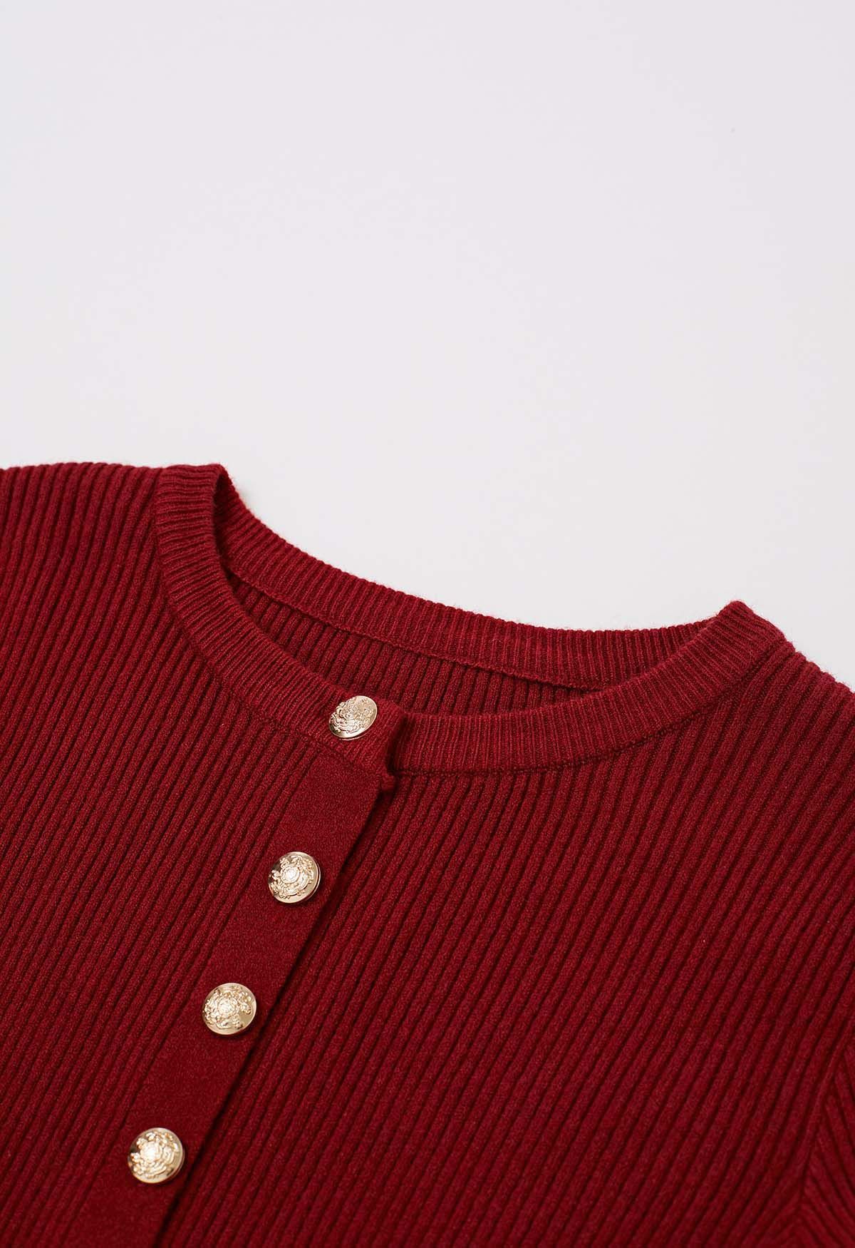 Chic Sense Button-Up Ribbed Knit Cardigan in Red