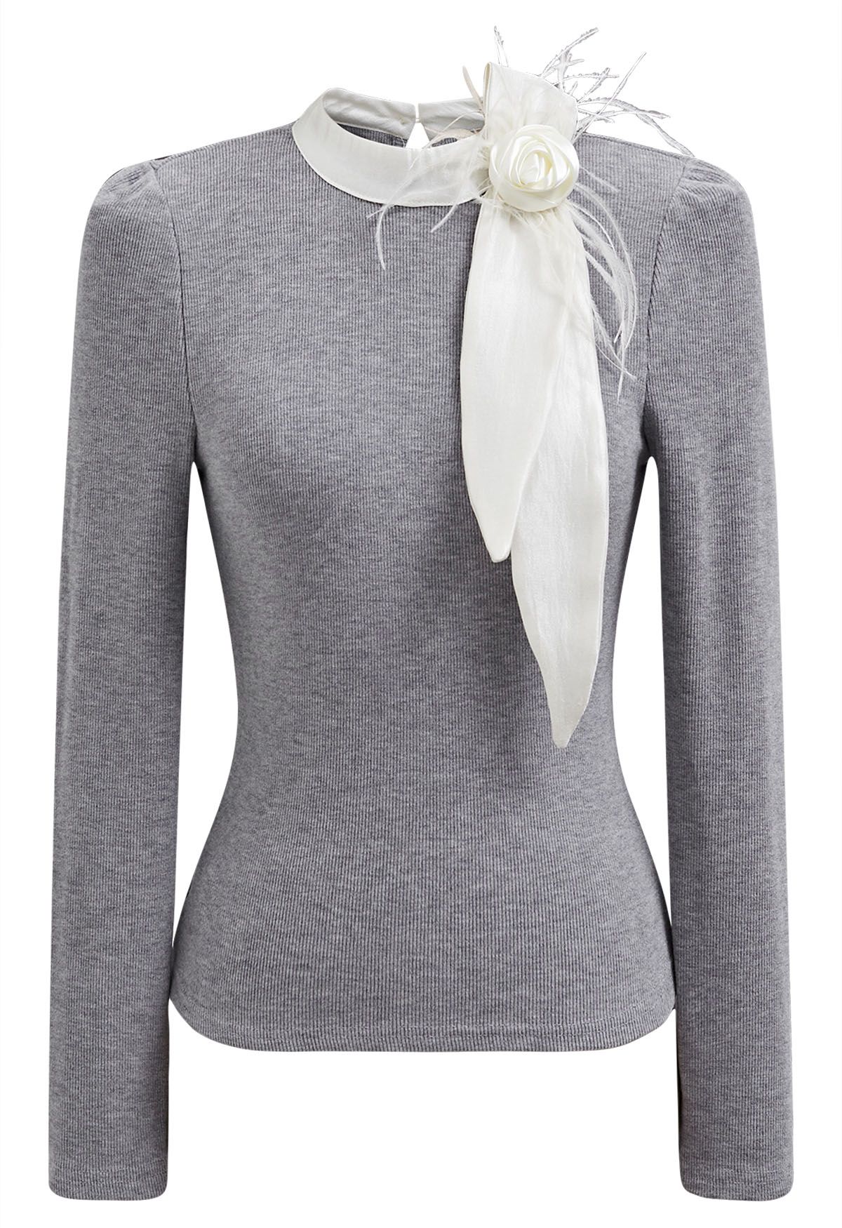 Rose Feather Brooch Ribbed Knit Top in Grey