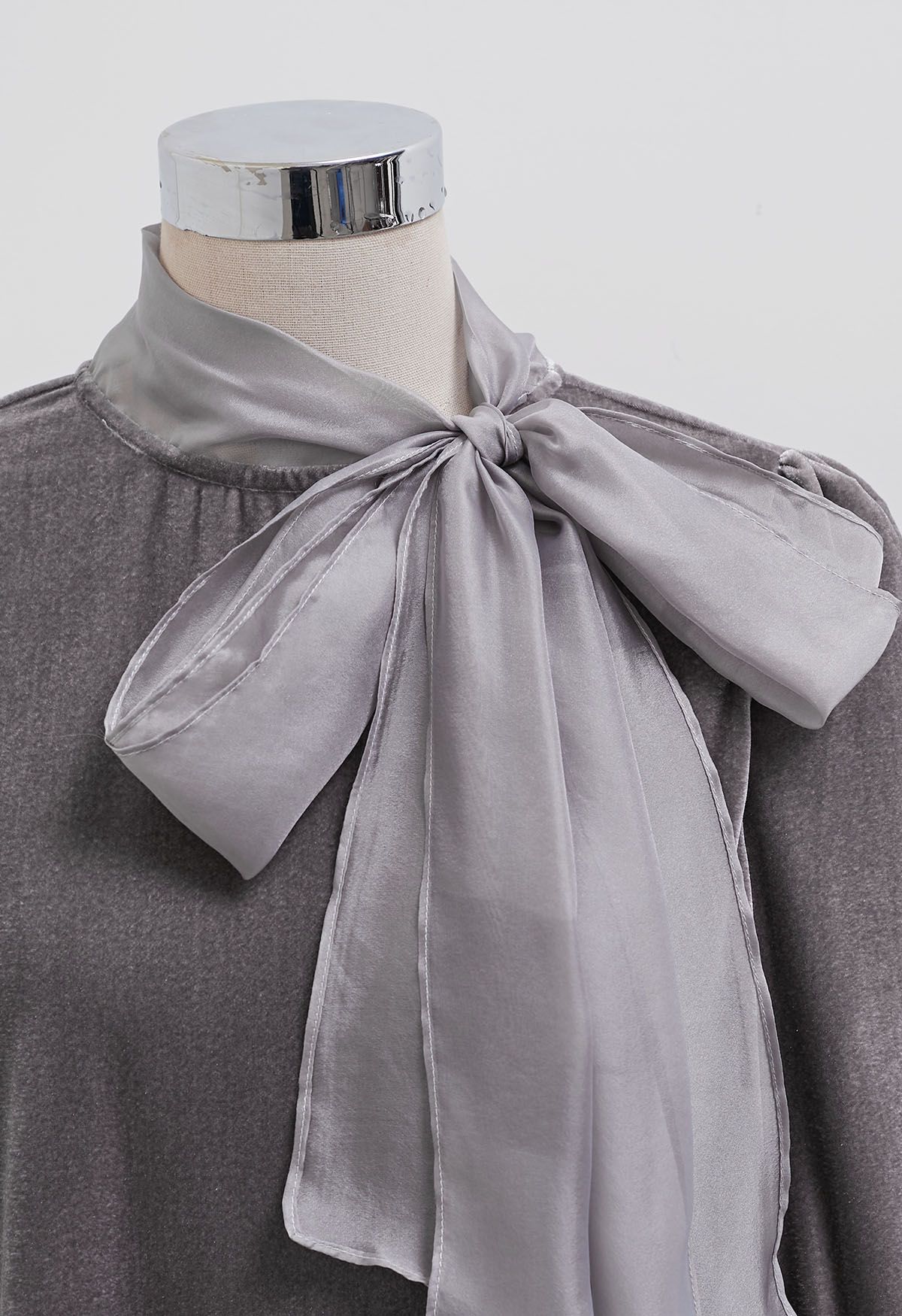 Organza Self-Tie Bowknot Velvet Top in Grey