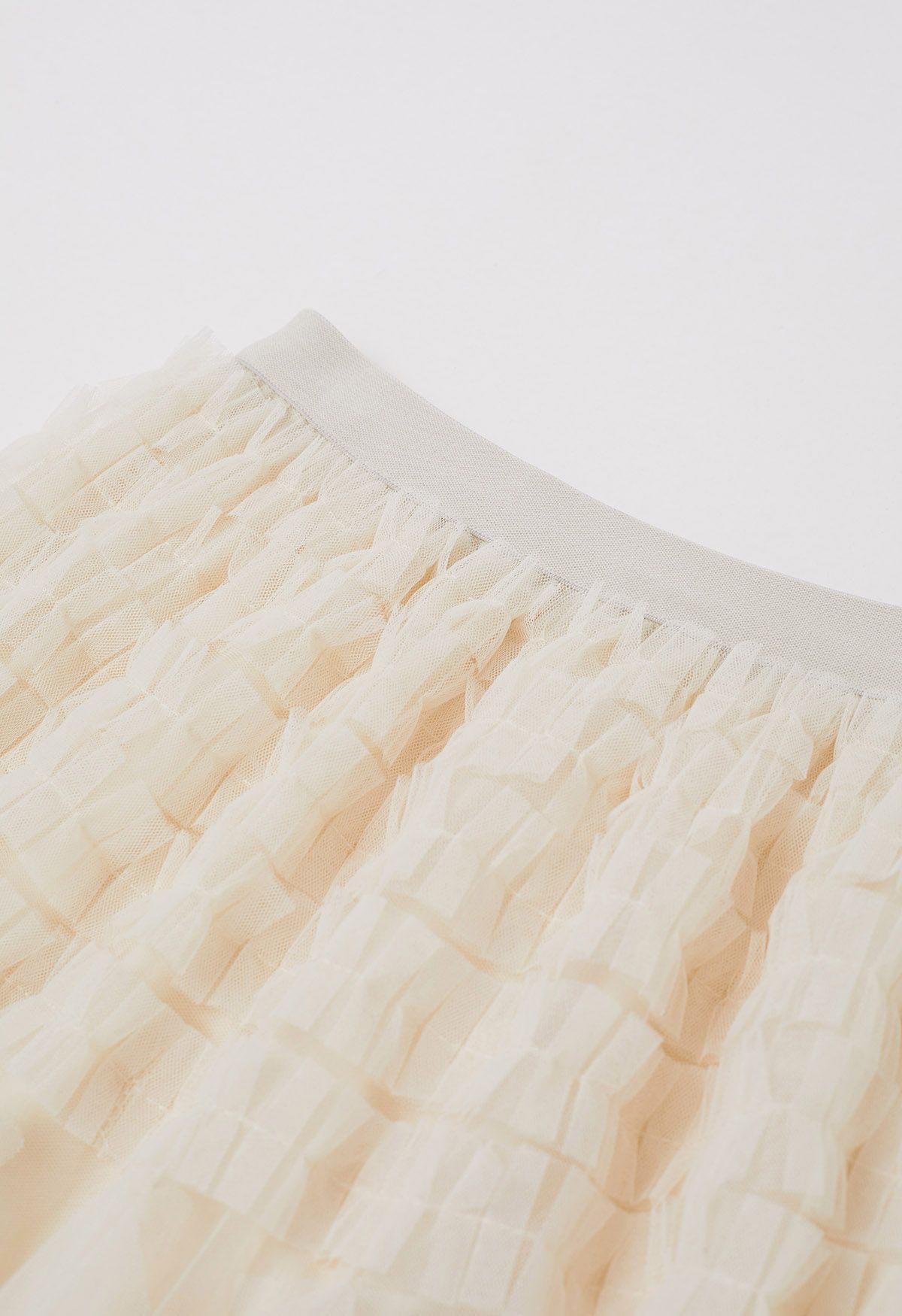 Ruffle Panelled Mesh Tulle Midi Skirt in Ivory