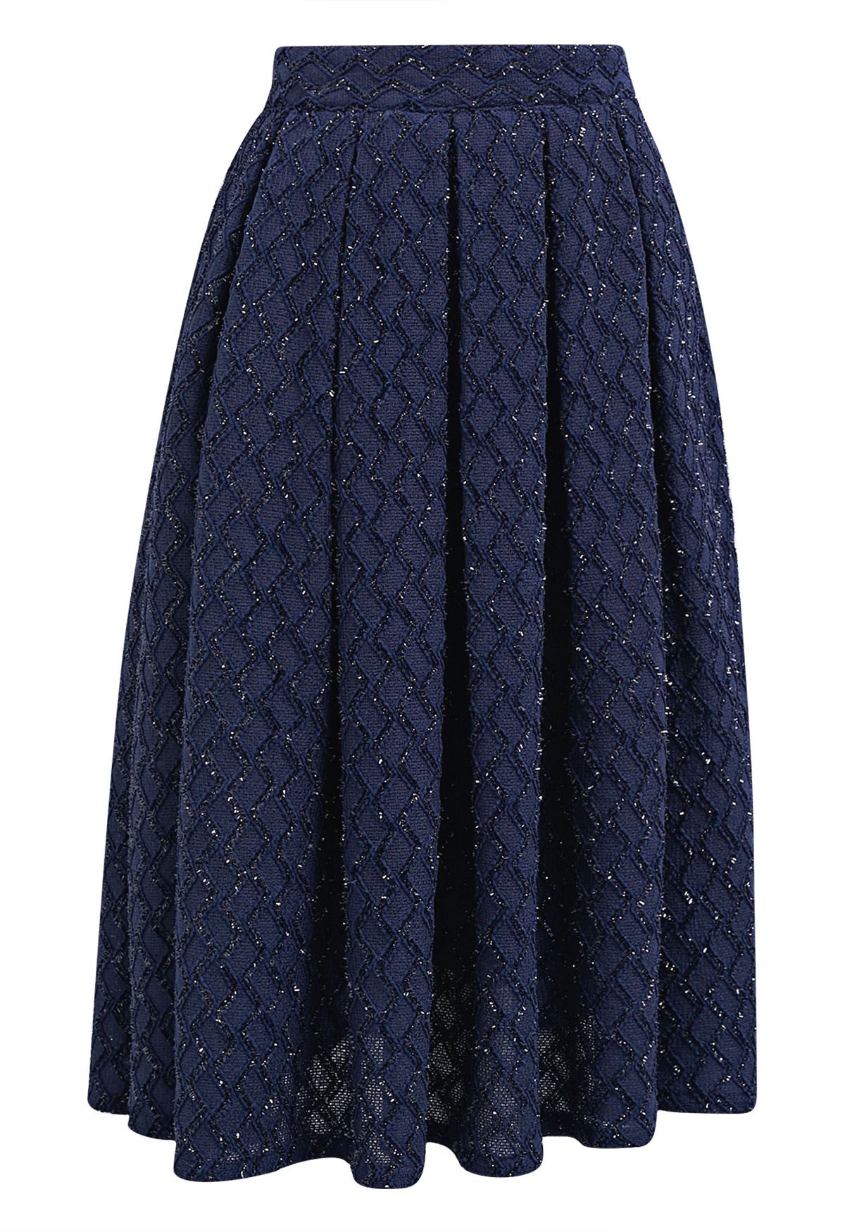 Fringed Zigzag Box Pleat Midi Skirt in Navy