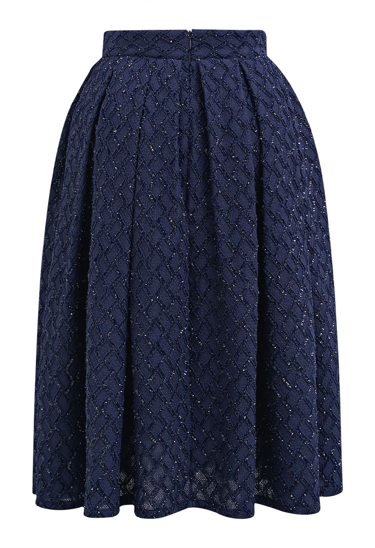 Fringed Zigzag Box Pleat Midi Skirt in Navy