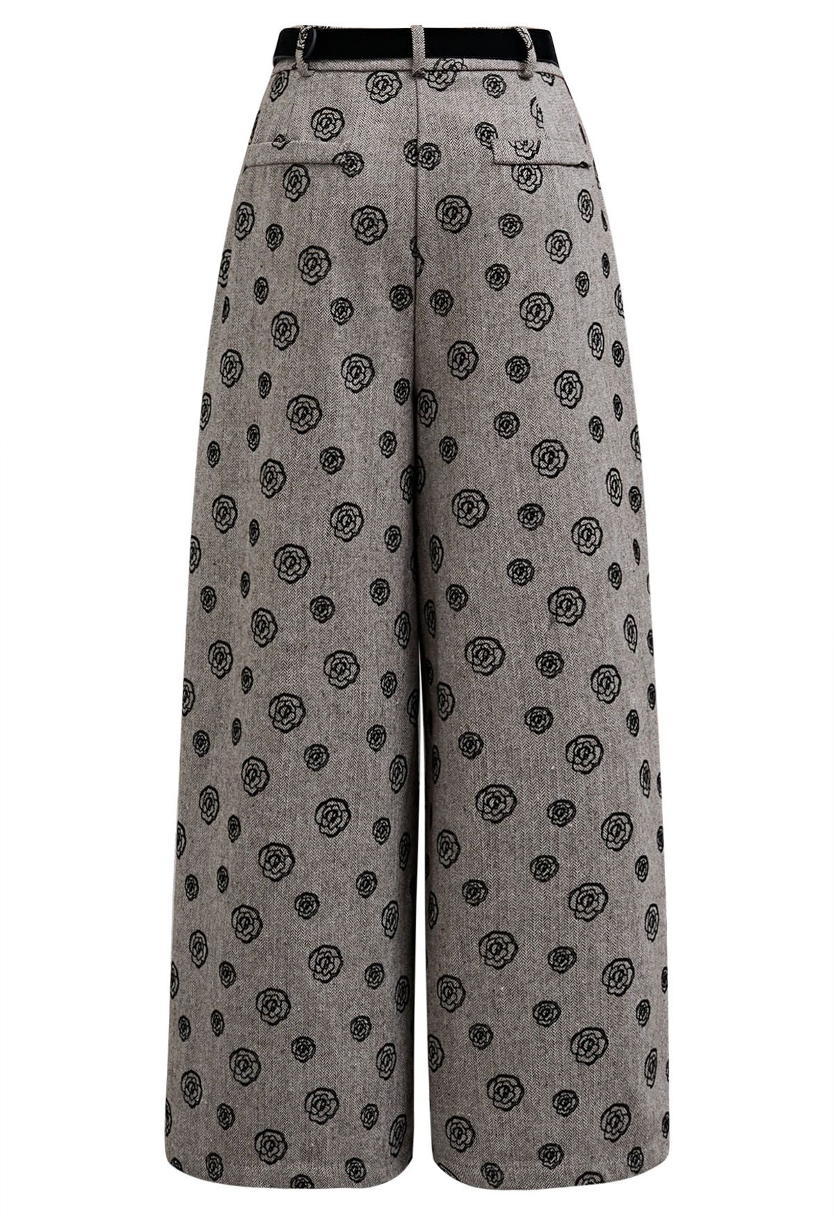 Velvet Rose Printed Herringbone Palazzo Pants with Belt in Khaki