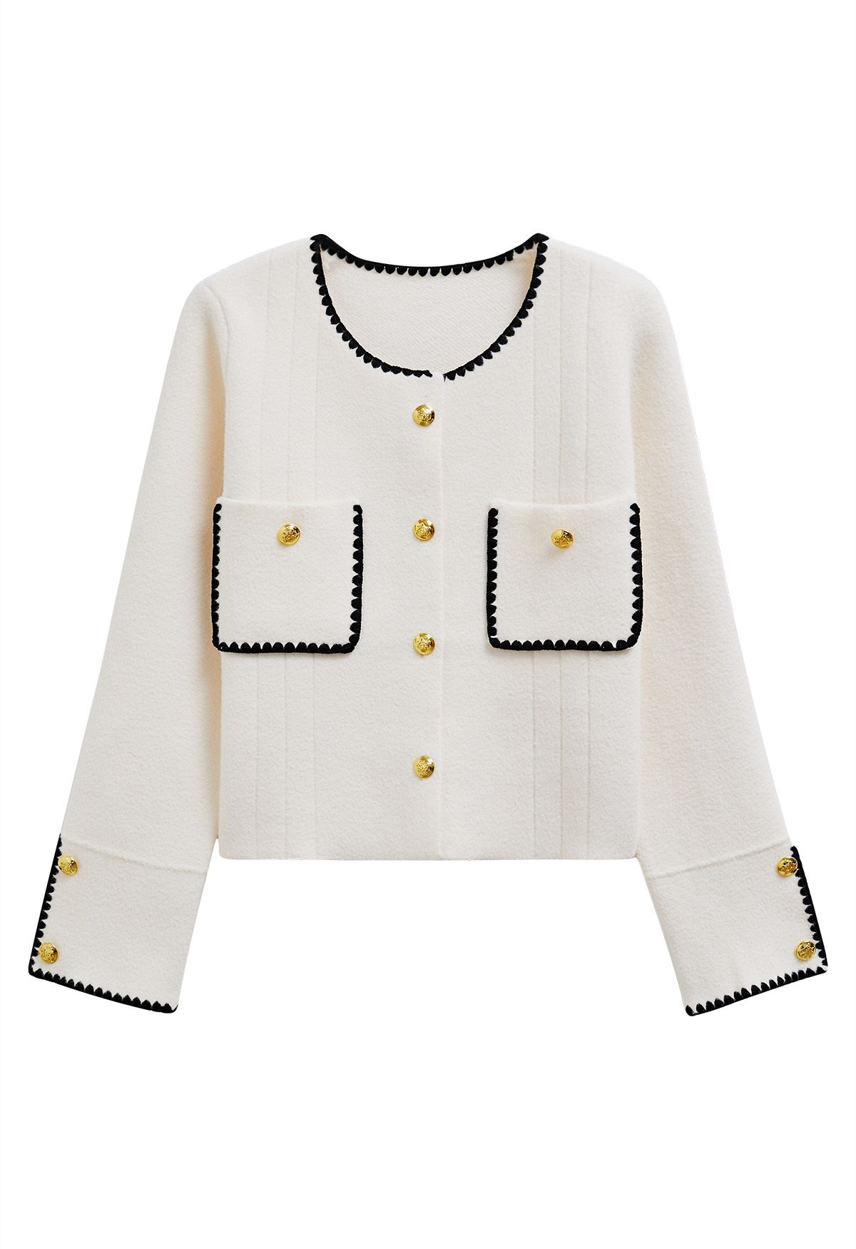 Contrast Whipstitch-Trimmed Buttoned Knit Cardigan in Ivory