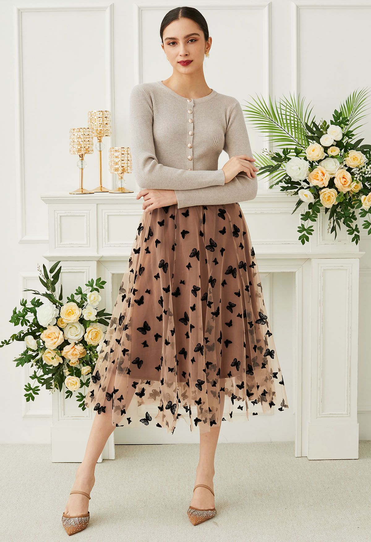 Waltzing Butterfly Mesh Tulle Midi Skirt in Caramel