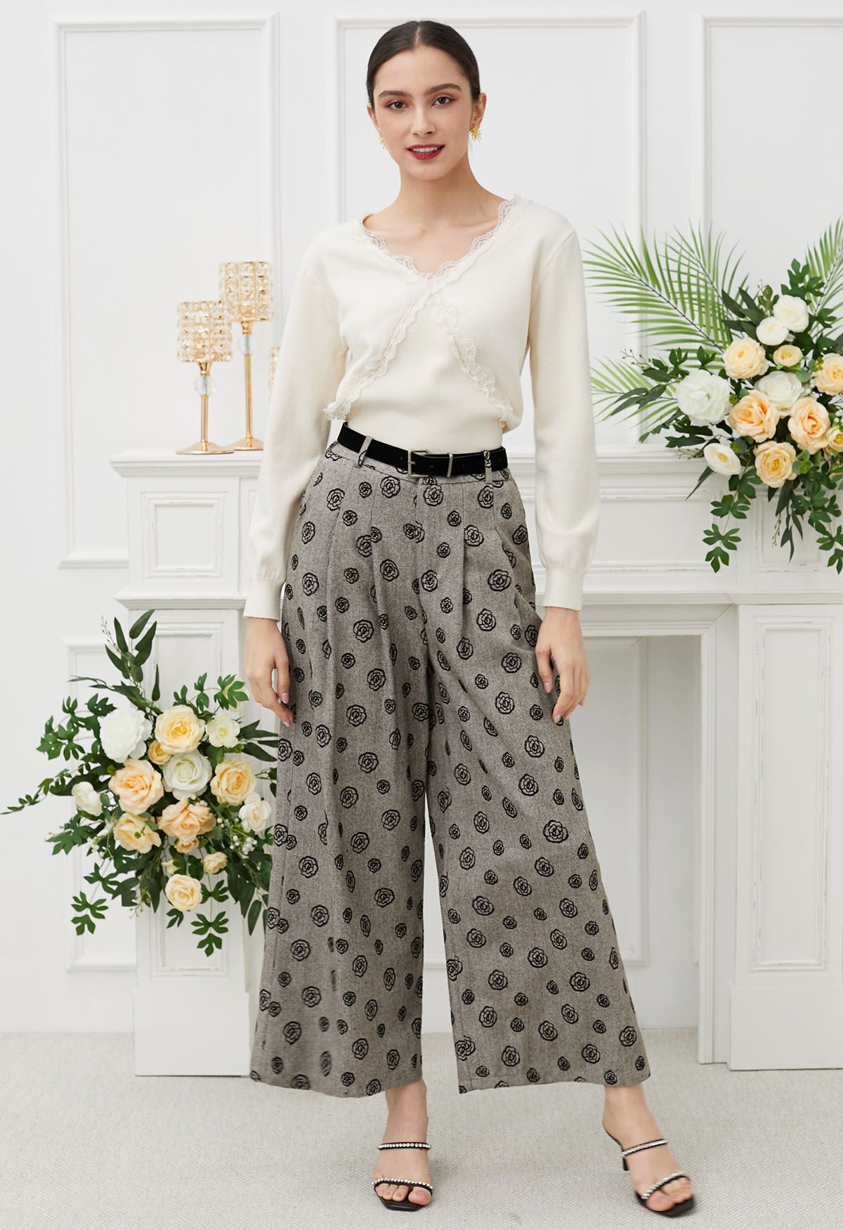 Velvet Rose Printed Herringbone Palazzo Pants with Belt in Khaki