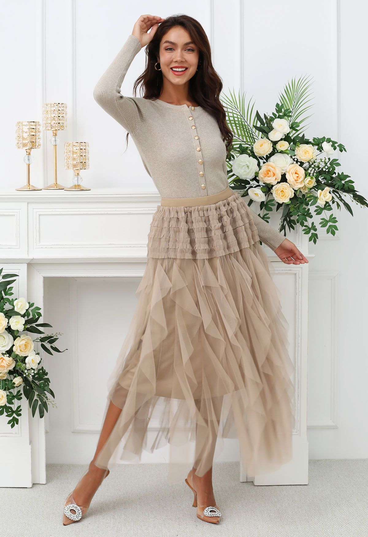 Ruffle Panelled Mesh Tulle Midi Skirt in Light Tan