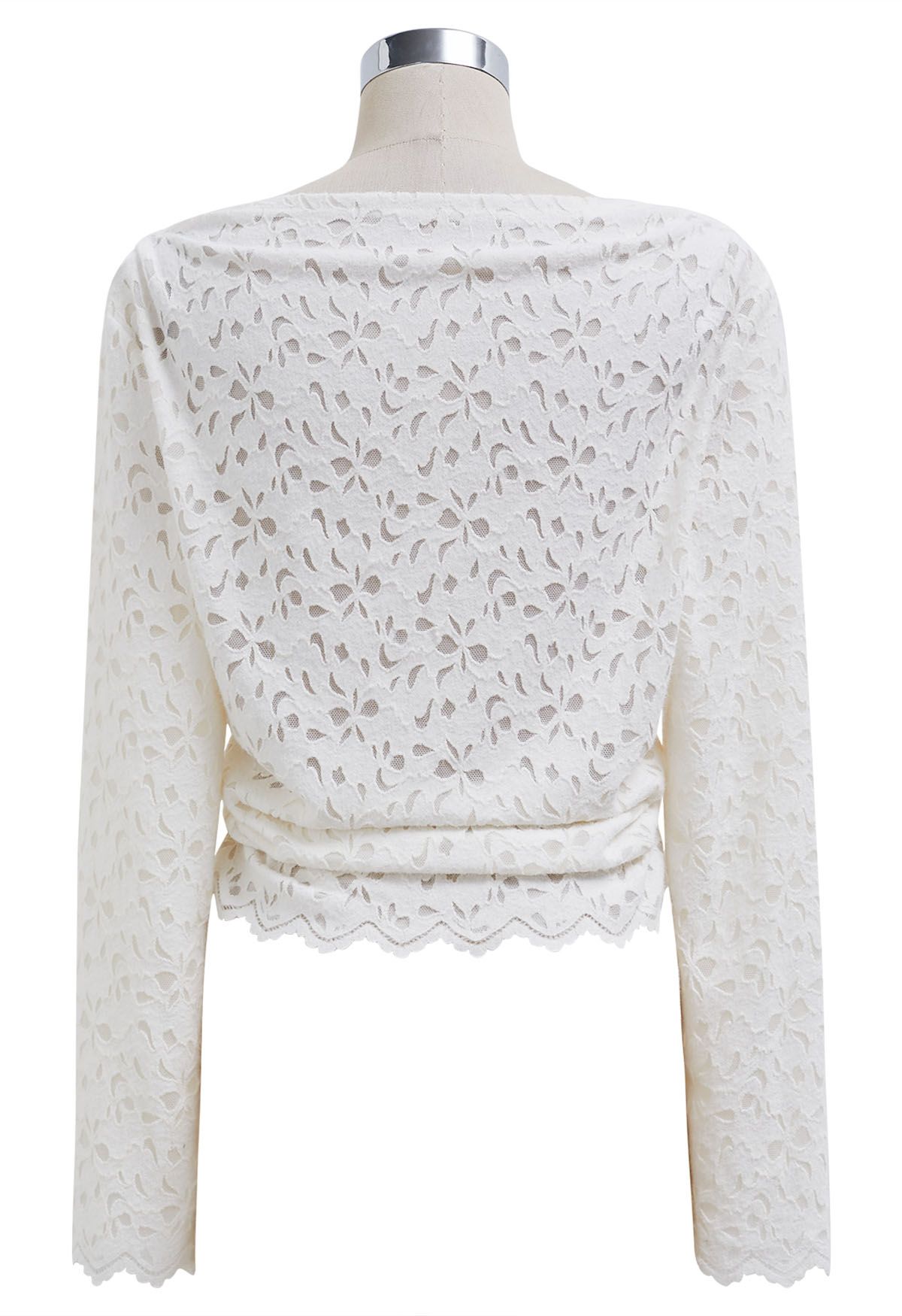 Floral Cutwork Boat Neck Mesh Top in White