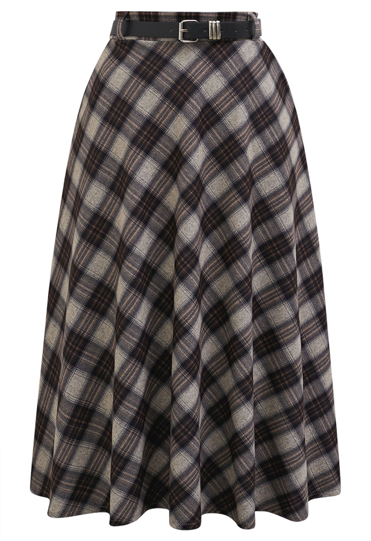 Distinctive Plaid Belted Midi Skirt in Black