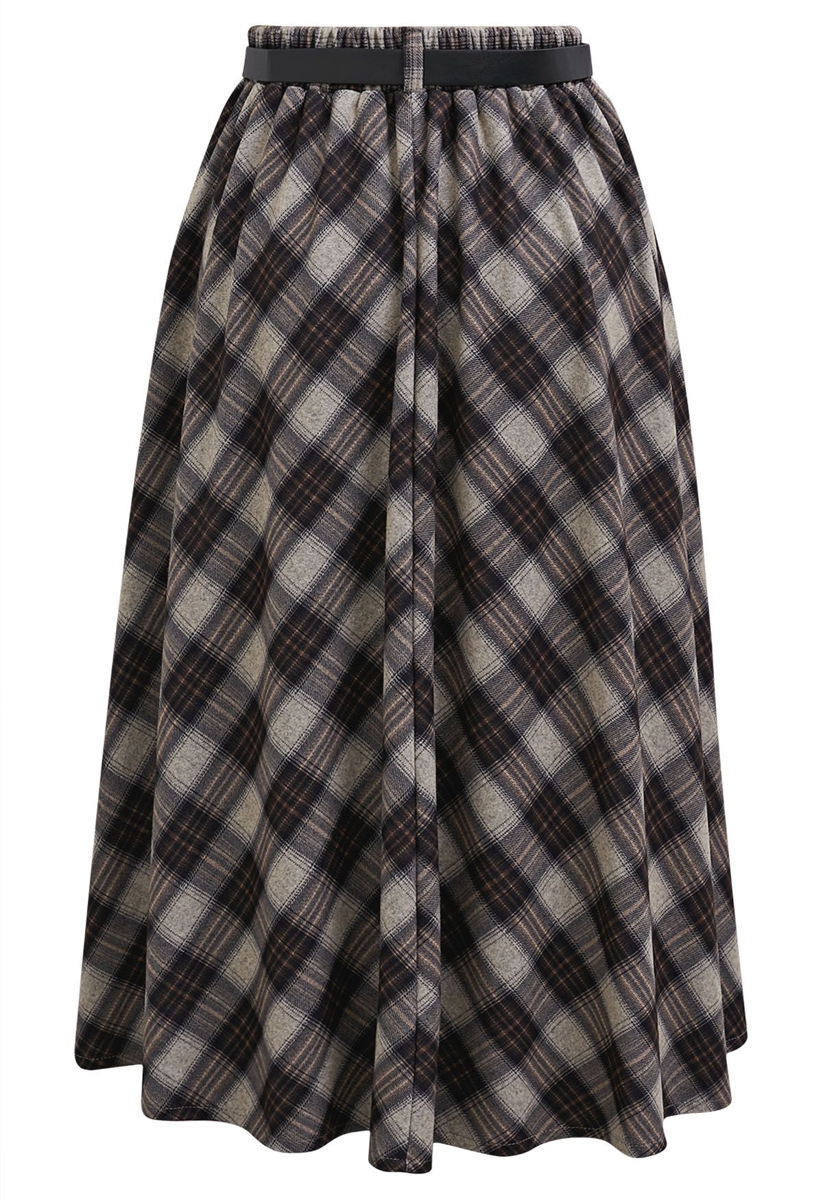 Distinctive Plaid Belted Midi Skirt in Black