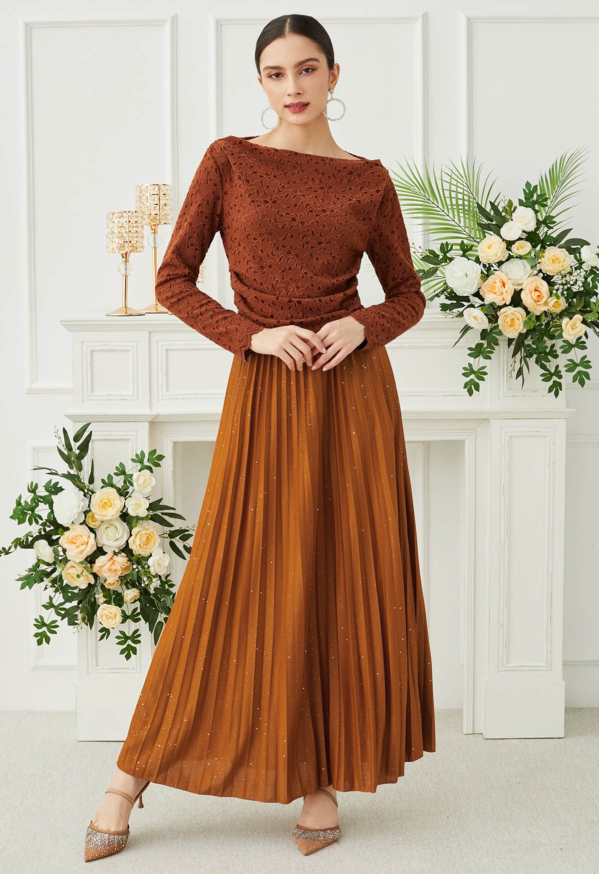 Twinkling Night Pleated Maxi Skirt in Pumpkin