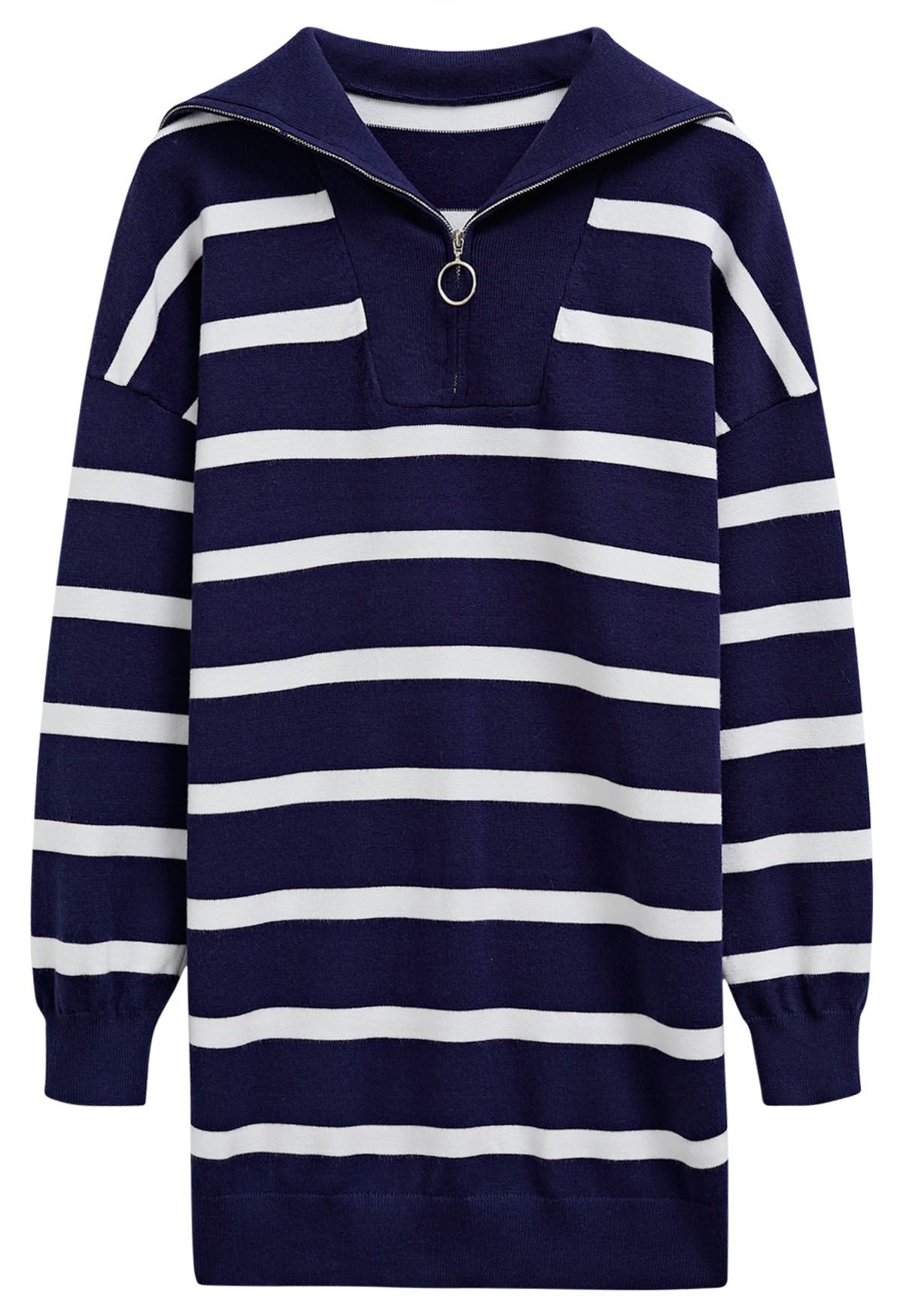 Broad-Striped Zipper Neck Knit Mini Dress in Navy